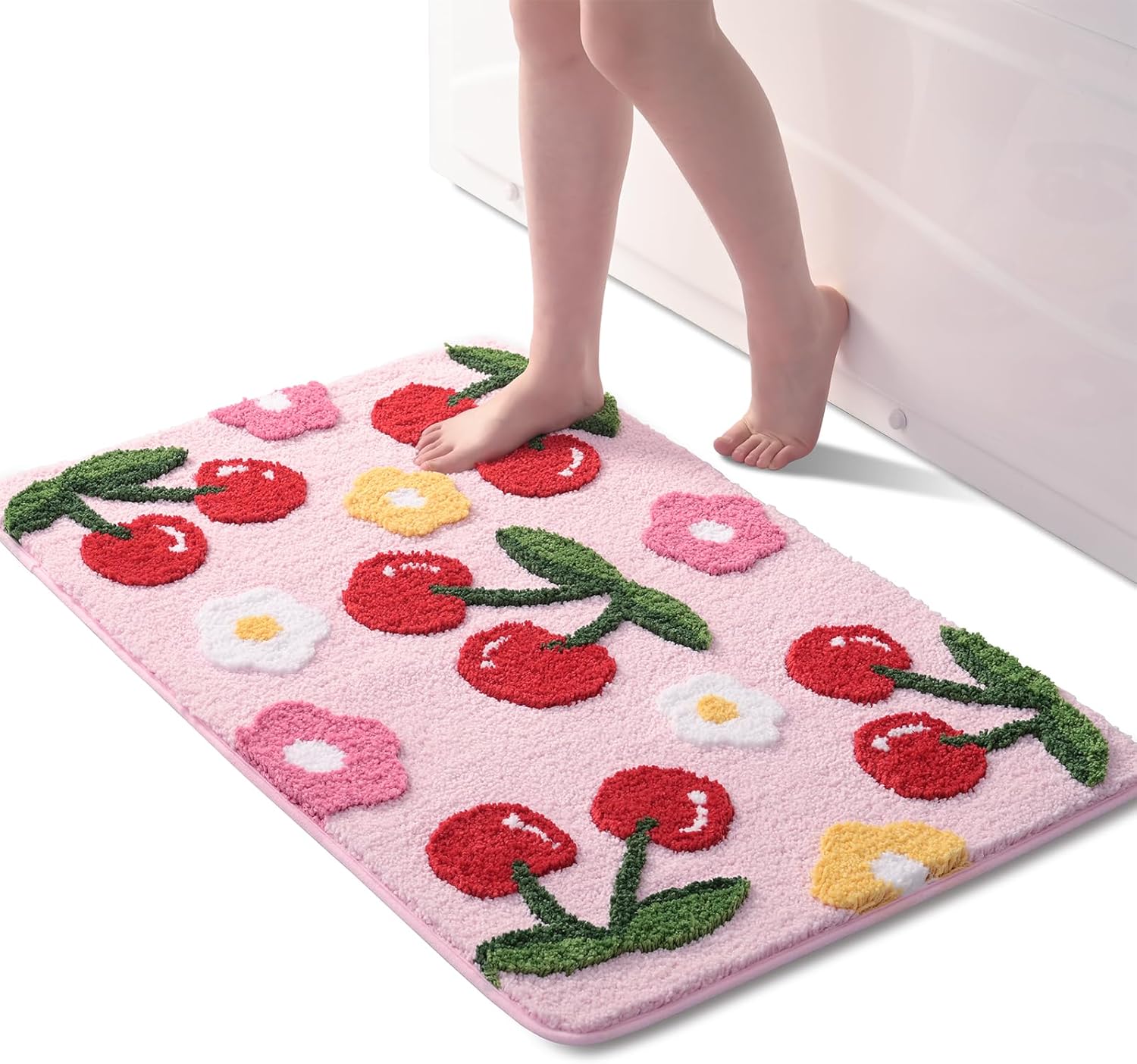 Anybar Pink Bathroom Rugs Cute Cherry Bath Mat Coloful Bathroom Accessories, Funny Flower Rug Non Slip Floor Mat, Machine Washable Bath Rug Soft Microfiber Carpet for Shower, Tub (24x36 inch)