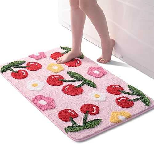 Miniatura 10 de Anybar Alfombras de Baño Rosas Lindas Alfombra de Baño de Cerezas Accesorios de Baño Coloridos, Alfombra de Flores Divertida Antideslizante Alfombra