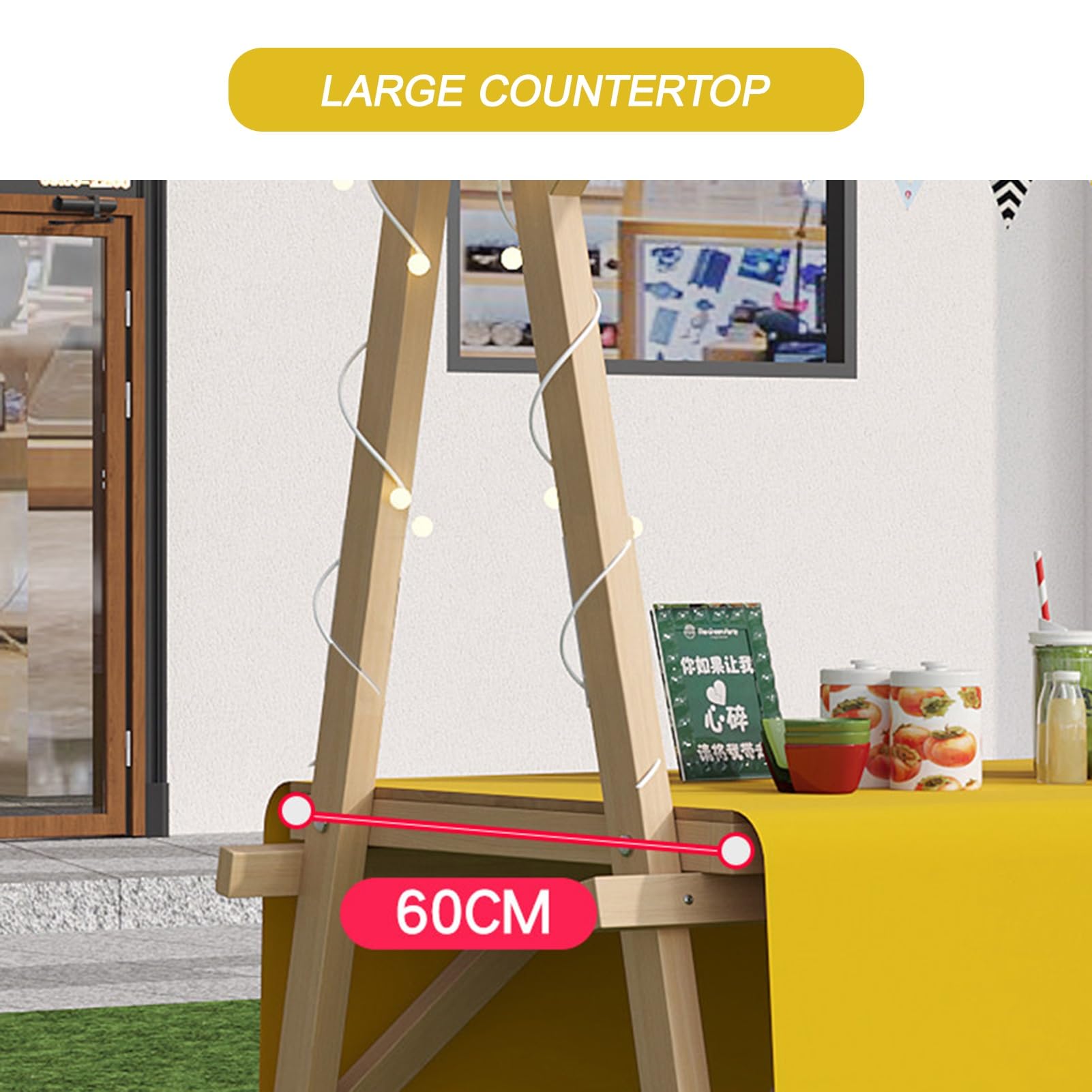 Chariot d'extérieur portable avec auvent rayé, cabine de nourriture pliable en bois pour rue et marché agricole, idéal pour la vente d'événements et le service alimentaire