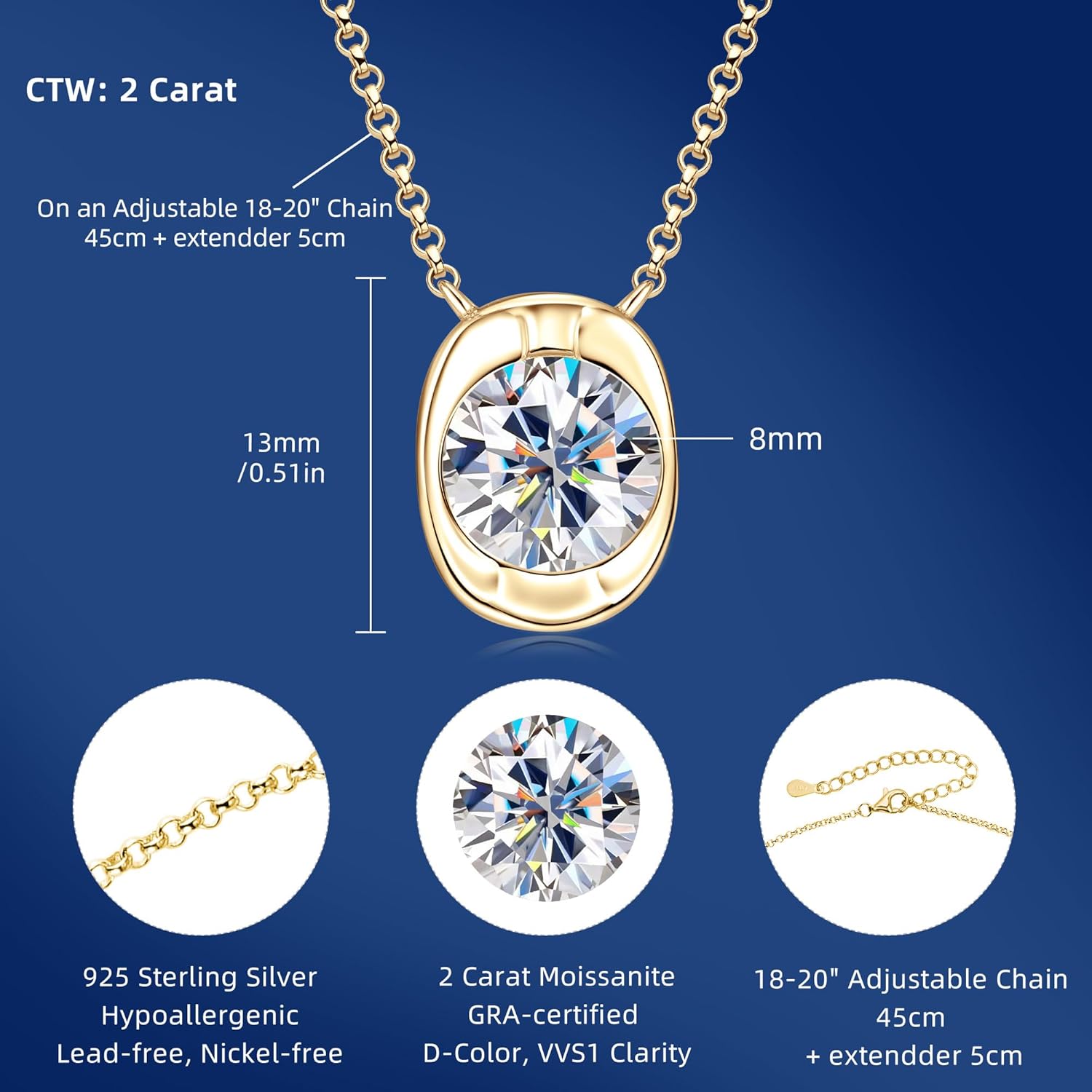 AINUOSHI 2 Carat Moissanite Necklace for Women Oval Shape Solitaire Pendant 14k Gold Plated 925 Sterling Silver GRA Certified Round Brilliant Lab-created Imitation Diamond Alternative - Image 5