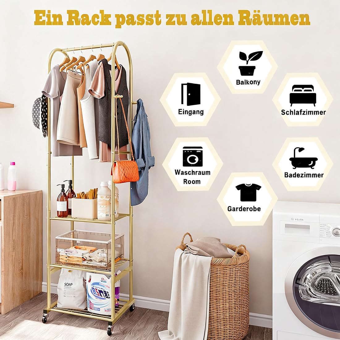 Perchero con ruedas y estantes metálicos de 3 niveles, para colgar ropa con 4 ganchos, organizador para habitación pequeña, color dorado