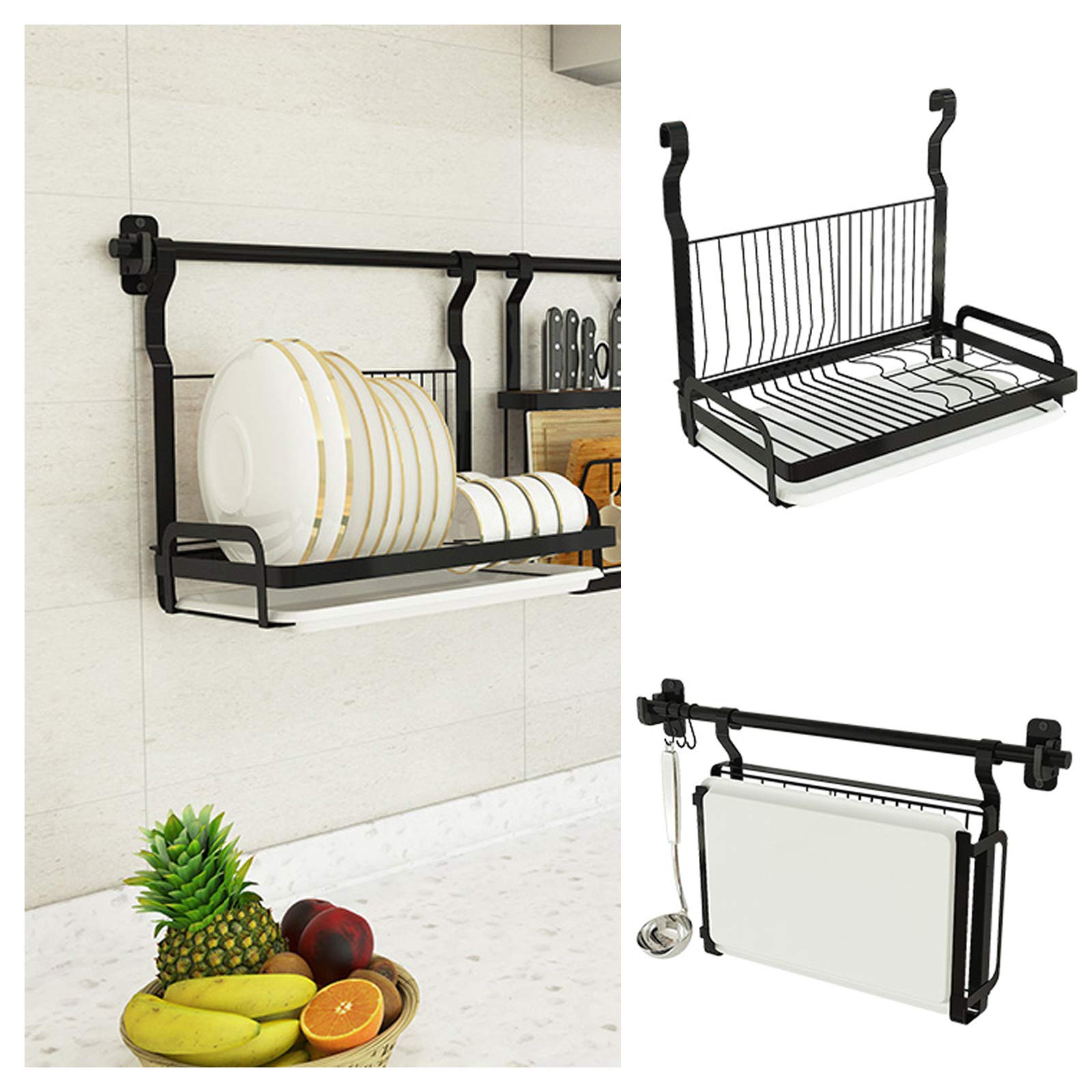 Escurridor de platos plegable de pared negro con lavabo extraíble, capacidad de 60 kg, resistente y duradero, de acero inoxidable de alta calidad, con ganchos para colgar