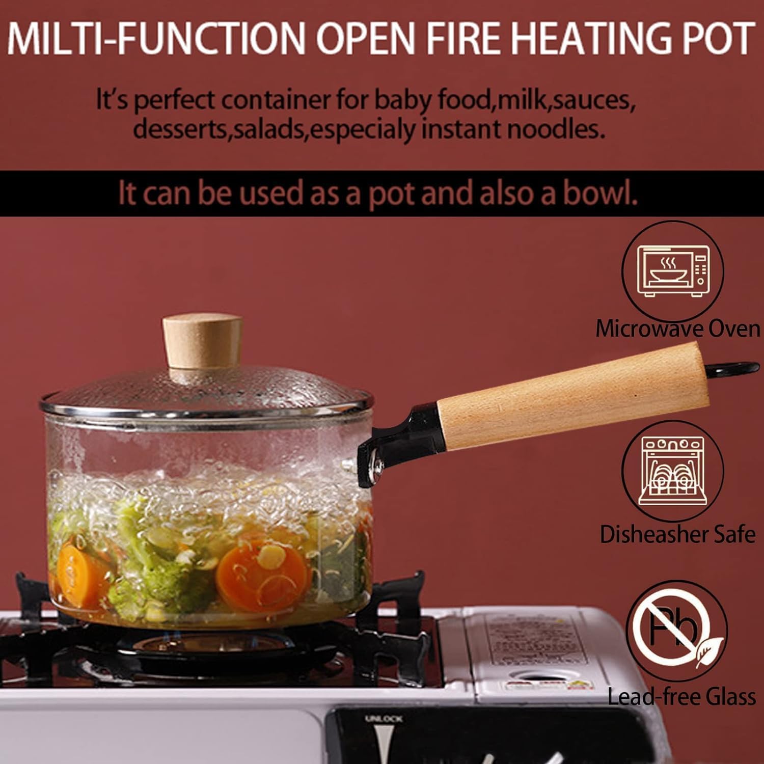Glass Pot for Cooking on Stove Kitchen Glass Cookware Clear Cooking Pot with Lid Handle and Pan Set 1.8L/60oz Simmer Saucepan Resistant Safe for Pasta Noodle Soup Milk - Image 3