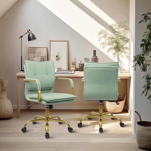 Miniatura 9 de CLATINA Sillas de escritorio de cuero para oficina en casa, silla giratoria de respaldo medio con patas y brazos dorados, cómoda silla tapizada con