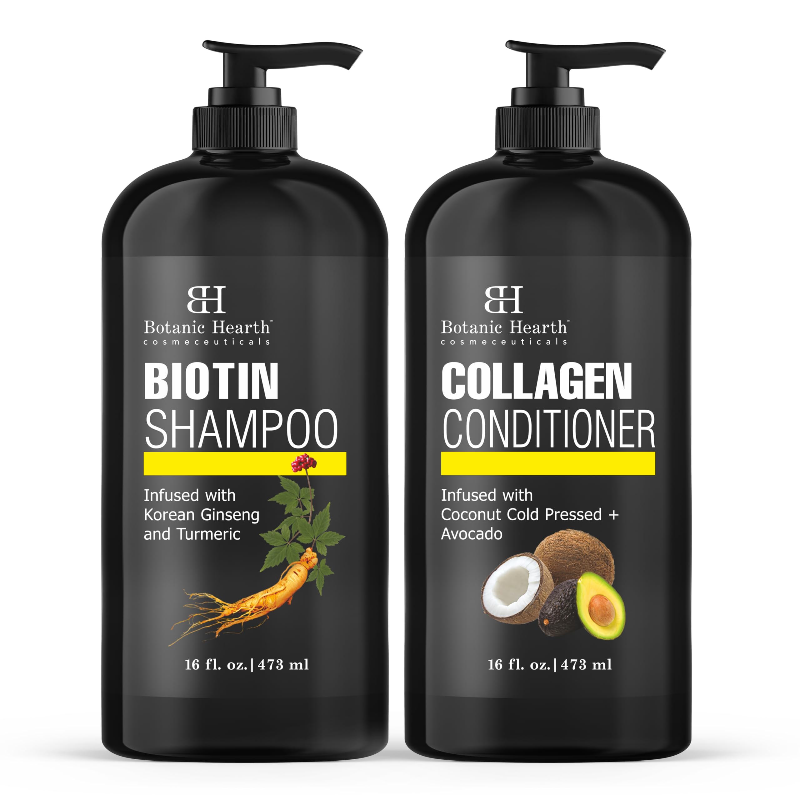 Botanic Hearth Biotin Shampoo and Conditioner with Collagen - Fights Hair Loss & Thinning with Korean Ginseng & Turmeric, Conditioner Promotes Hair Growth with Avocado and Coconut - 16 fl oz x 2
