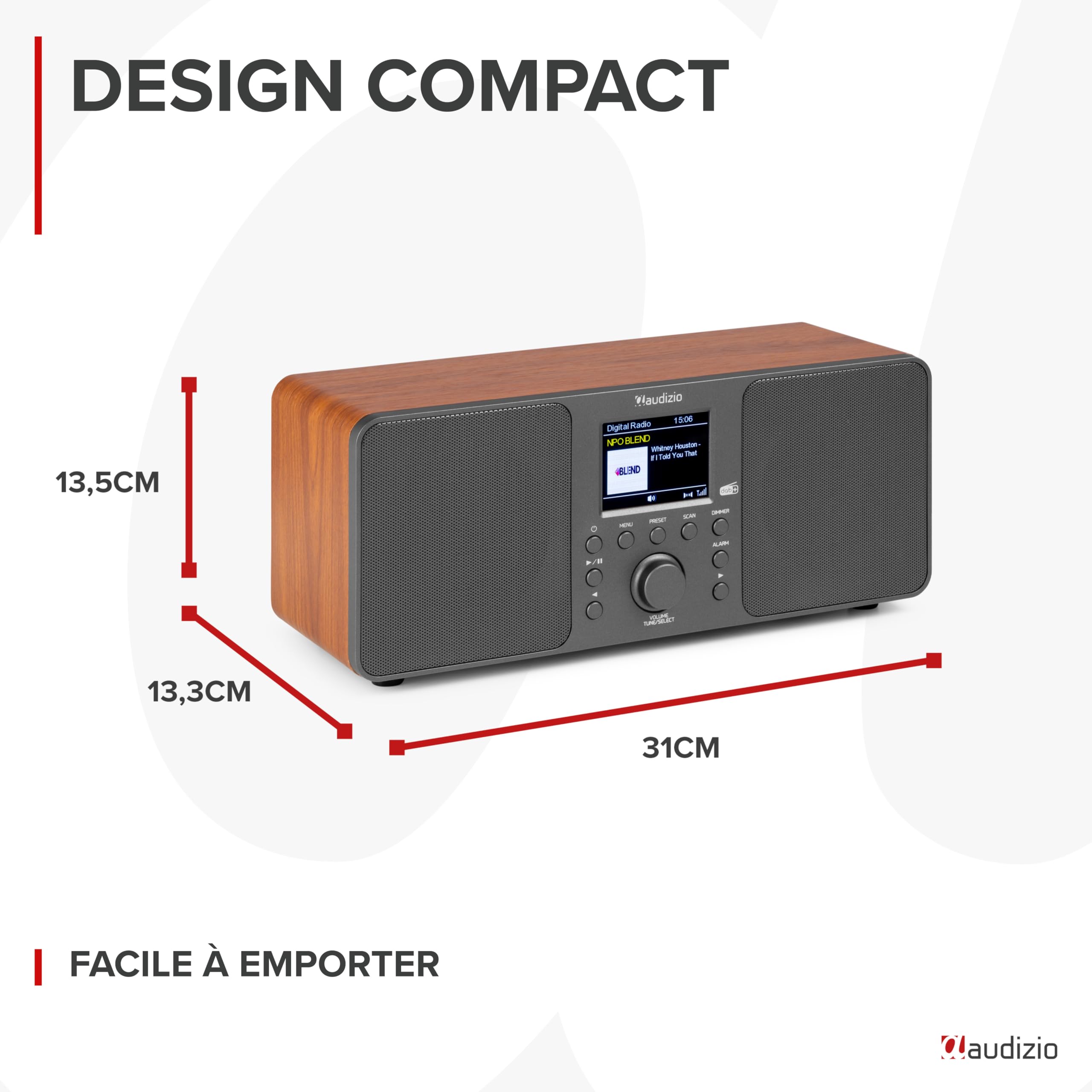 Audizio Genua Radio DAB+ Bluetooth 5.0 Gris Foncé Écran Couleur 2,8" Deux Haut-Parleurs Sortie Casque Port USB Télécommande