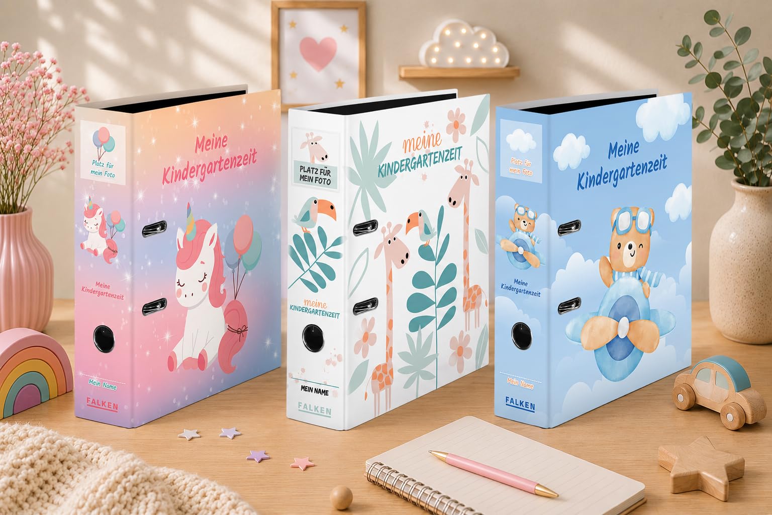 FALKEN 6 raccoglitori scuola materna A4 dorso 8 cm assortiti | Made in Germany con tasca, raccoglitore per asilo e portfolio bambini