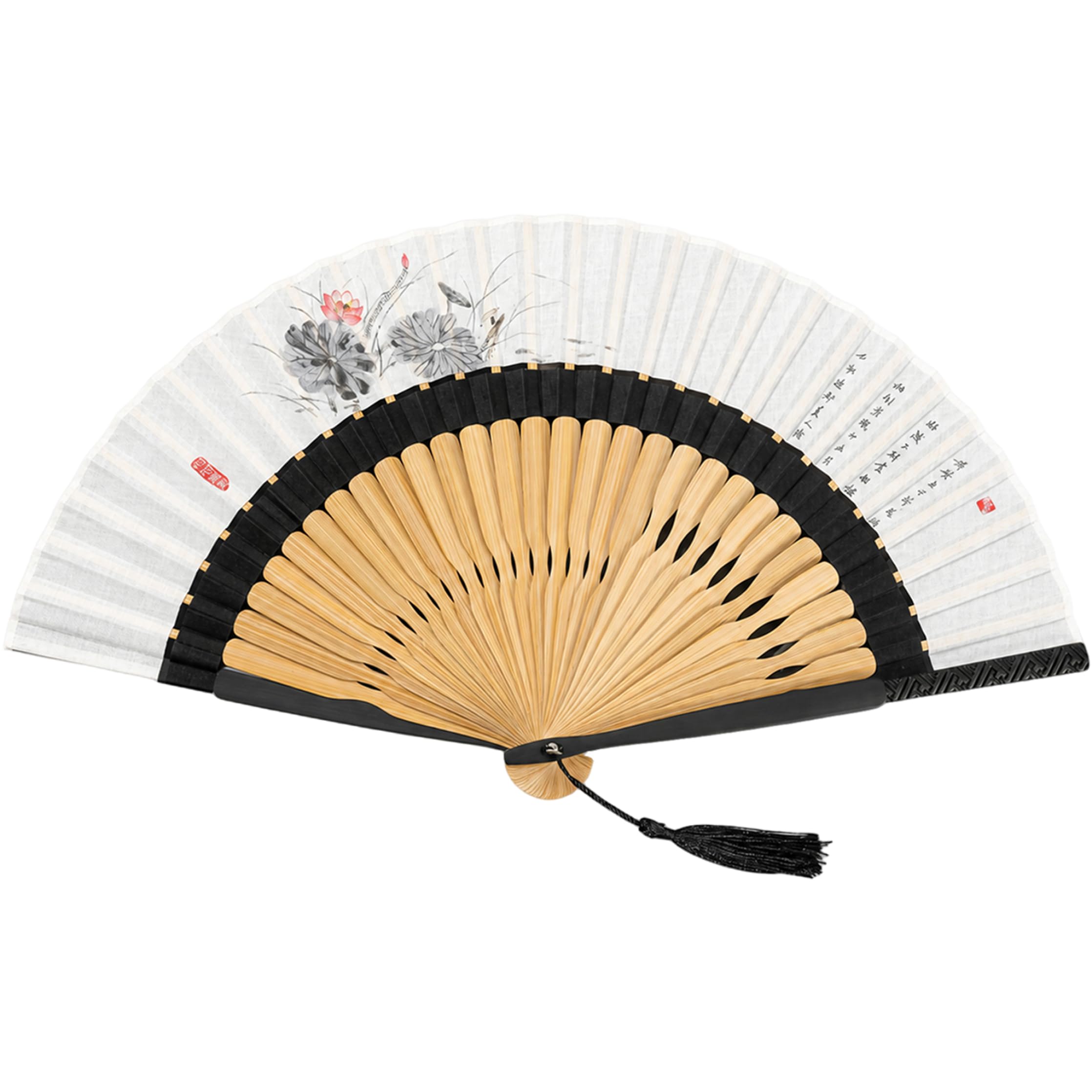 AwnsIMfreien Folding Hand Fan, Chinese Fan With Cotton Linen Ink Painting Surface, Double-section Bamboo Ribs & Tassel Decor Style 2, Chinese