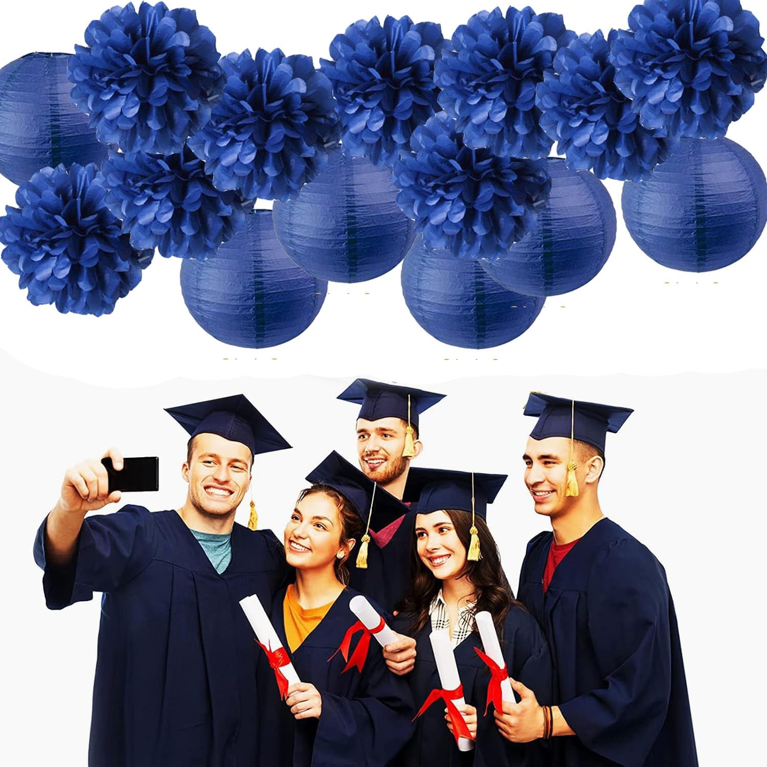 Kit Déco Fête Bleu Marine & Or - 22 Pièces (Lanternes, Pompons, Guirlande...) Pour Anniversaire, Diplôme, Mariage - NICROLANDEE