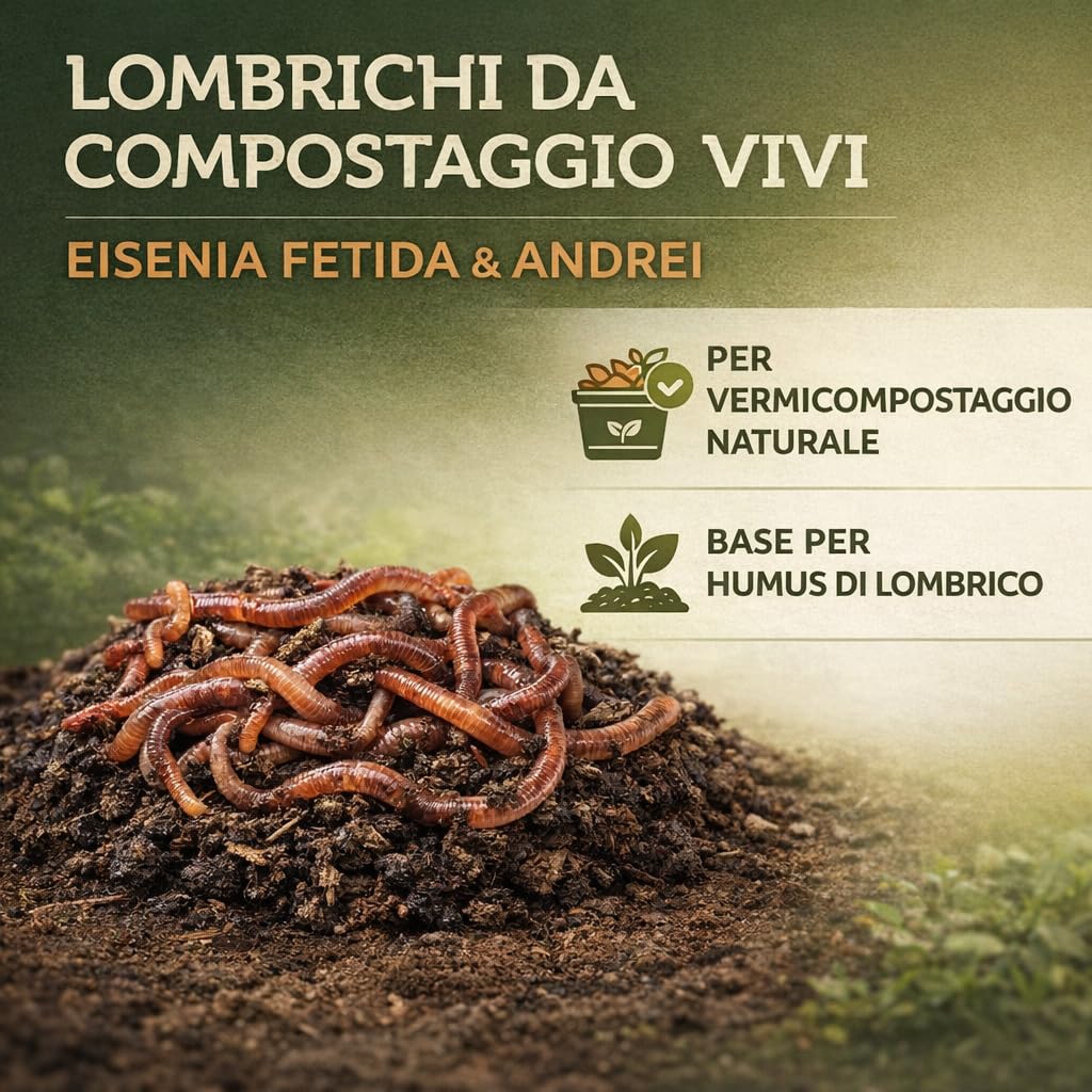 Lombrichi Vivi da Compostaggio (Eisenia Fetida e Andrei) per Produzione Humus e Vermicompostaggio: Kit Avviamento Ideale per Orto Biologico, Compostiere Domestiche (250g)