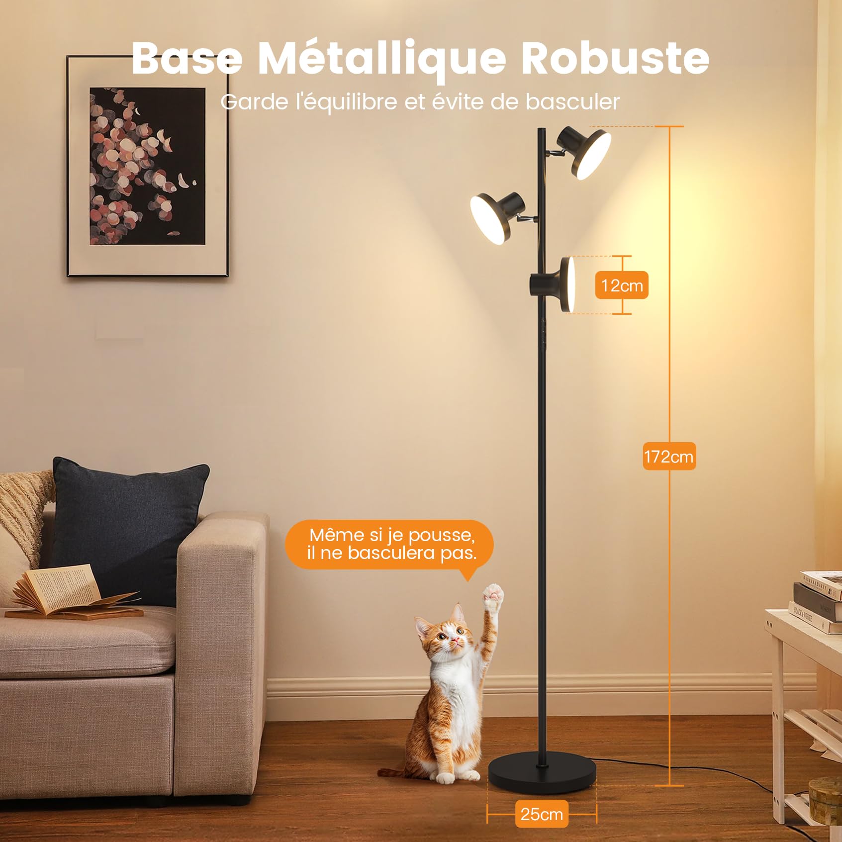 SIBRILLE Lampadaire LED Dimmable 36 W 2500 lm Avec Télécommande & Contrôle Tactile, 4 Températures de Couleur, 3 Lampes Réglable LED pour Salon, Chambre et bureau