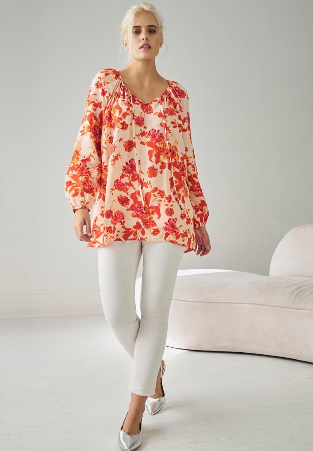 ellos Plus Size Tie Neck Peasant Tunic