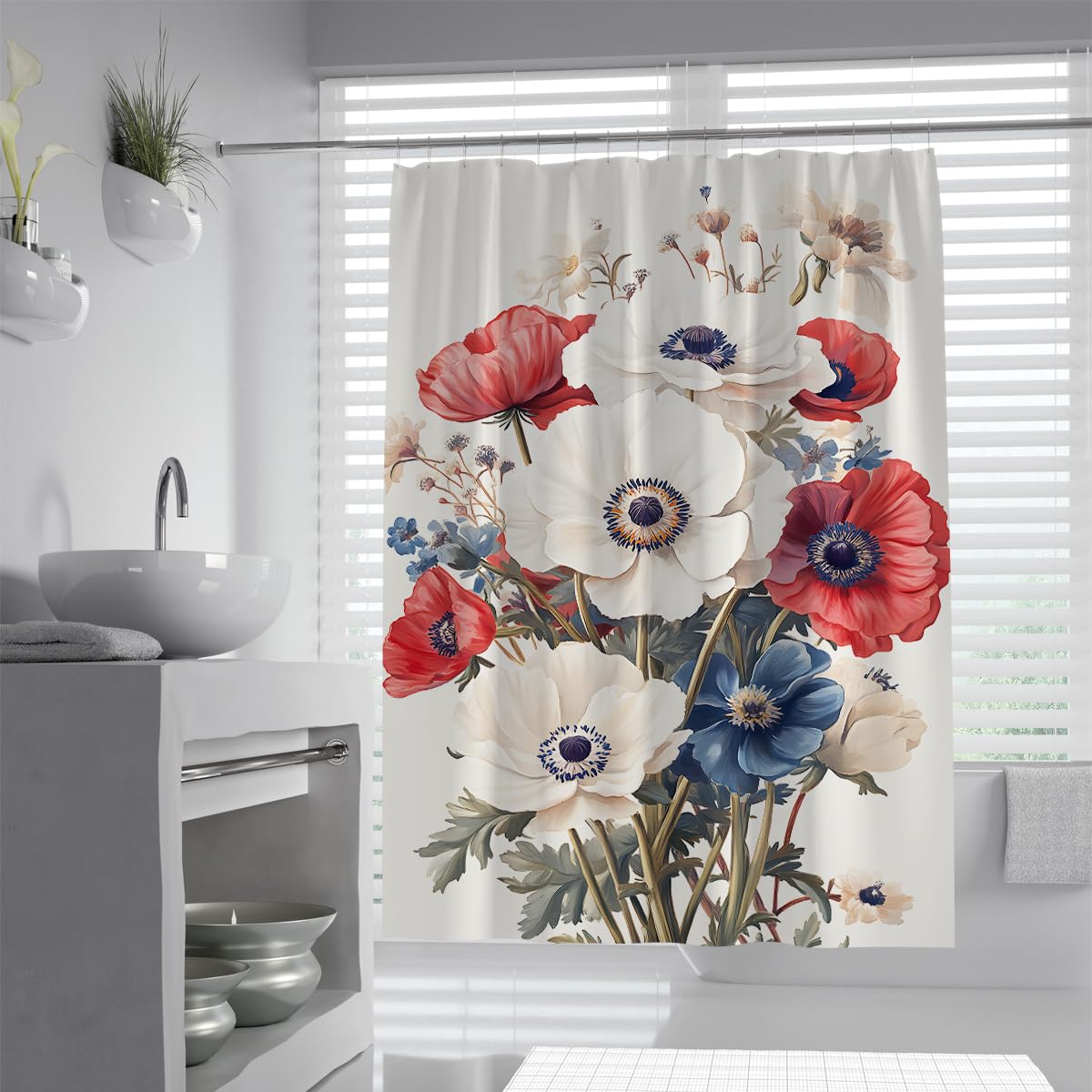 UIRINGART Cream Blue Red Shower Curtain W200xL220cm Botanical Poppy Floral Print Waterproof Polyester Mildew Resistant Quick Dry Shower Screen with Hooks