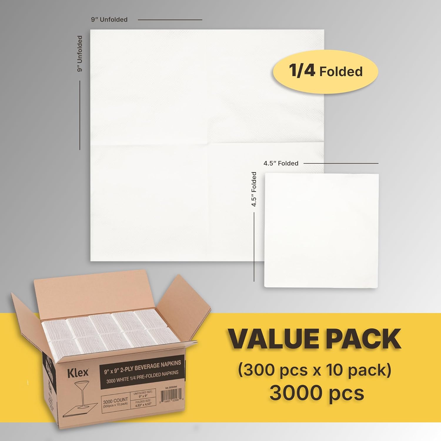 Klex 4.5" x 4.5" Folded White Beverage Napkins, 2-Ply Bulk Cocktail Napkin - 3000 Count (9"x9" Unfolded)