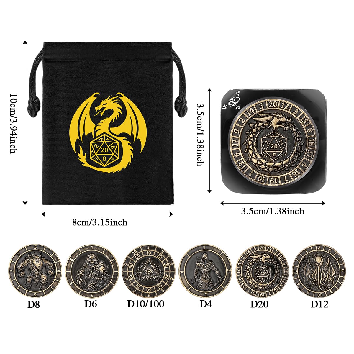 DND Spinner 7-en-1 Dés, Design en Relief 3D, Set de Dés en Métal D&D, Motif à 6 Côtés, Dés de Jeu Rotatifs Polyédriques D&D, Cadeaux DND avec Boîte Cadeau à Logo Dragon, Jeu de Rôle Accessoires, Noir