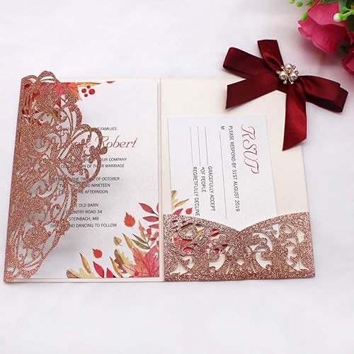 Miniatura 2 de 25 invitaciones de boda con purpurina de 250 GSM con tres pliegues con tarjetas de confirmación y sobres para boda, compromiso, despedida de