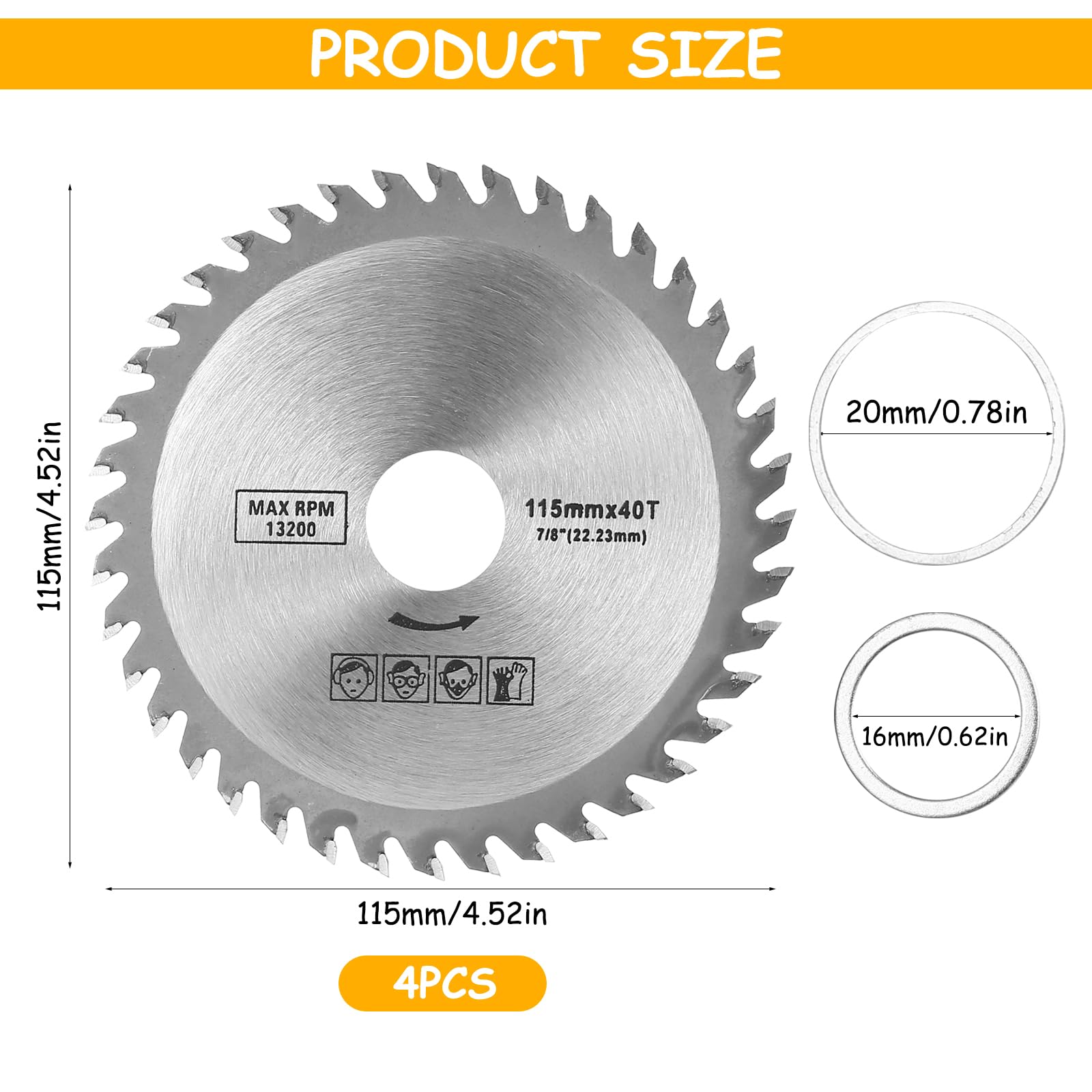 4 Pcs Discos de Amoladora Angular, 115 mm Disco sierras circulares de madera para Amoladora Angular, Disco de carburo de 40 dientes para carpintería, madera dura, contrachapado, plástico