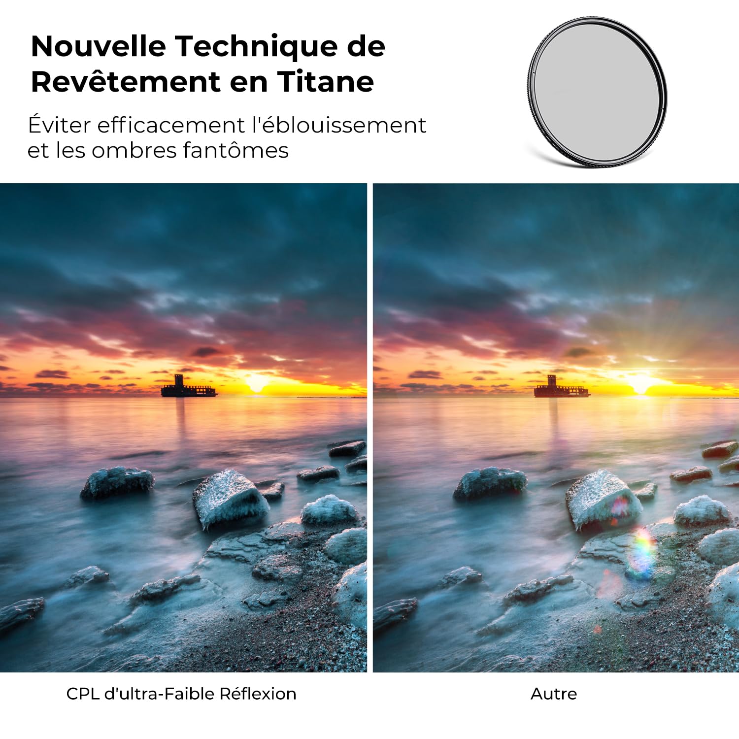 K&F CONCEPT Filtre Polarisant CPL 58mm Nano-X HD Fin Réduit l'éblouissement Améliore Le Contraste pour Objectif Appareil Photo