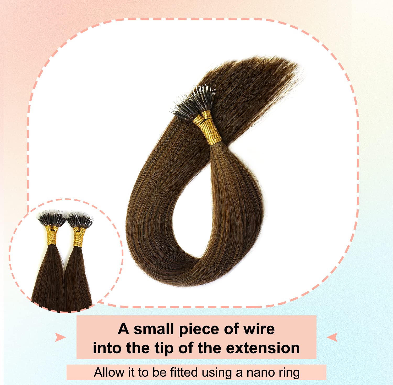KOCONI 16 Inch Medium Brown Nano Rings Beads Hair Extensions Real Human Hair Extensions Double Drawn Nano Ring Hair Extension Nano Tip Beads Human Hair Extensions 50g 1g/Strand #4 Chocolate Brown - Image 4
