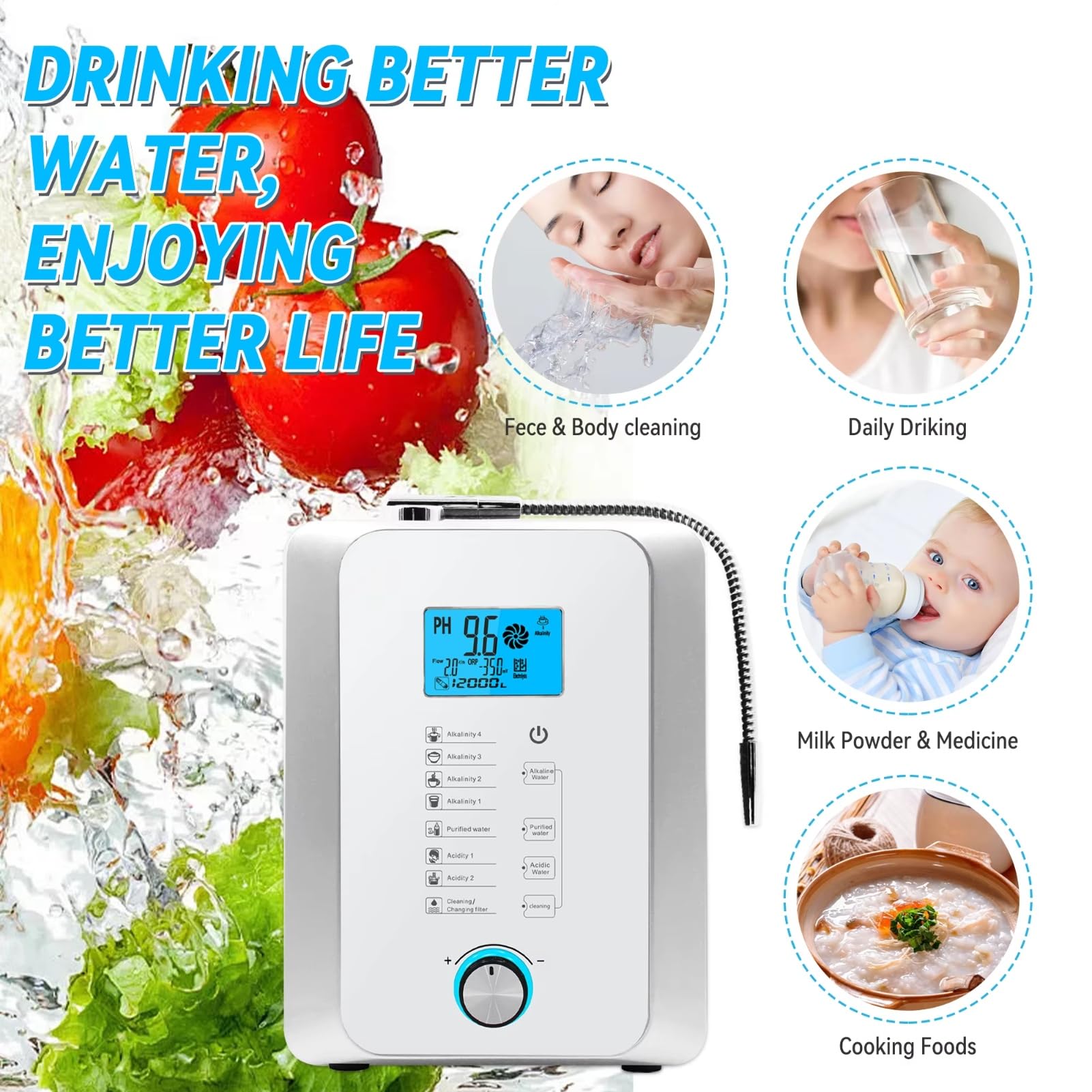 Ionizador de Agua alcalina para el hogar, Máquina de Agua Rica en hidrógeno, Purificador de Agua ácida pH 2,8–11, Filtro de Agua hasta -800 mV ORP, 10000 litros por Filtro Black