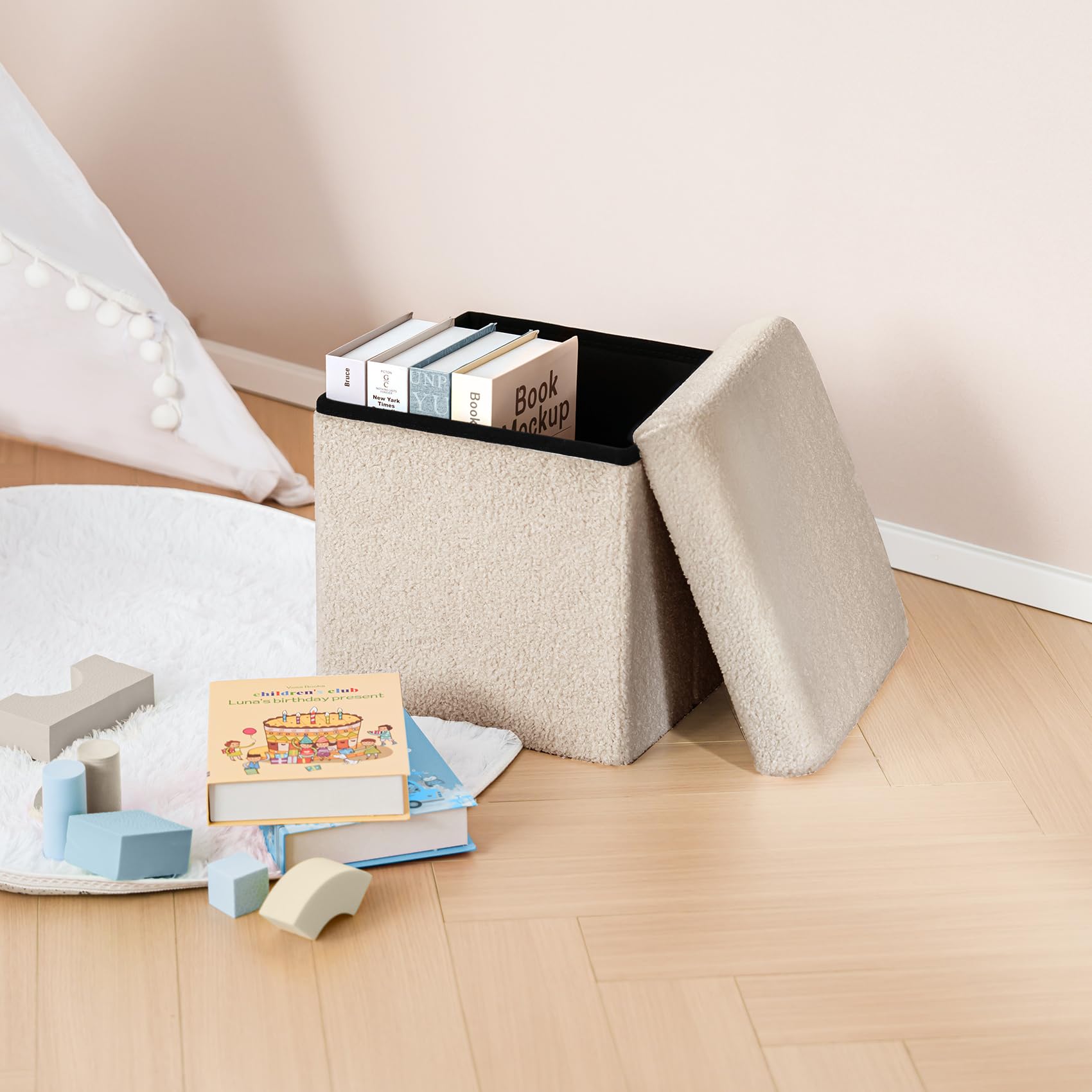 Bonlife Pouf Contenitore, Portaoggetti Piccolo Baule, Poggiapiedi Pieghevole Cubo, Cassapanca, per Ingresso, Soggiorno e Camera da Letto, Beige, 32x32x32 cm