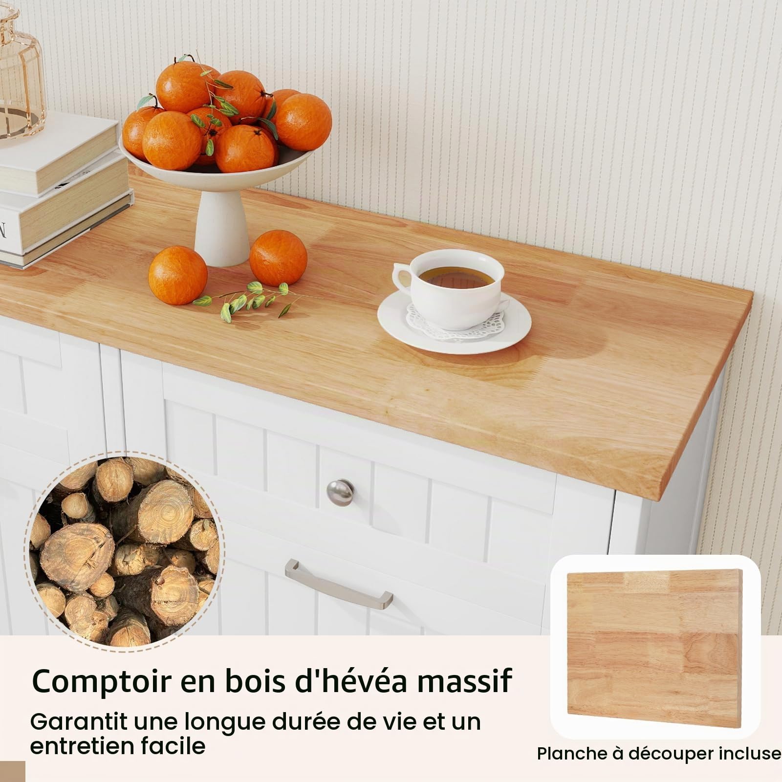 COSTWAY Meuble Cuisine avec 2 Tiroirs, Buffet Cuisine avec 2 Placards 40L, Meuble Poubelle Rangement avec Planche à Découper Amovible, pour Cuisine, Salle de Bain (100 x 33 x 90 cm,Blanc Naturel)