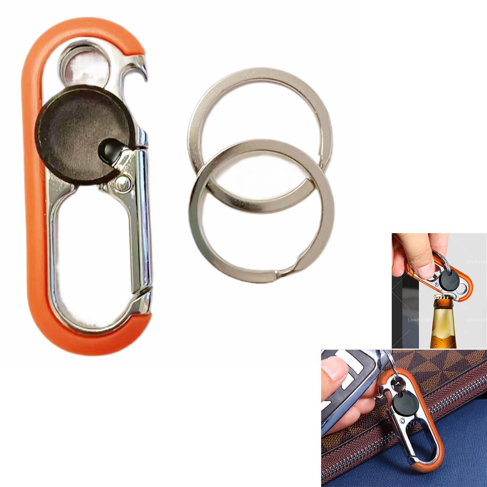 Carabiner Keychain, Aluminum Alloy Orange for Men - Bottle Opener Keychain with 2 Rings, Quick Release, Zinc Alloy?