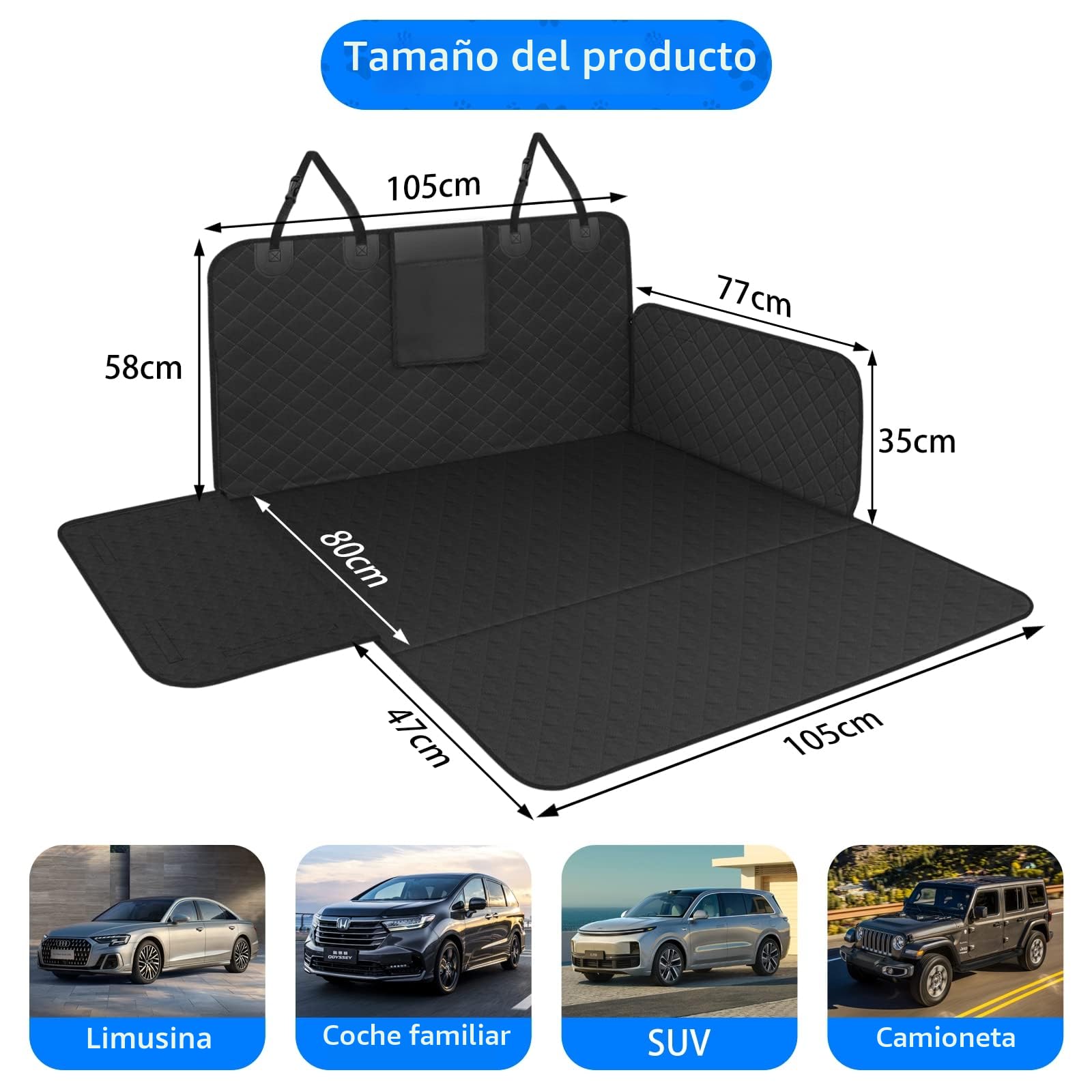 Protector de Maletero para Perros Universal, Impermeable y Antideslizante, Funda Coche para Mascotas de 185x105 cm, Adecuado para Coches Pequeños, SUV y Camionetas