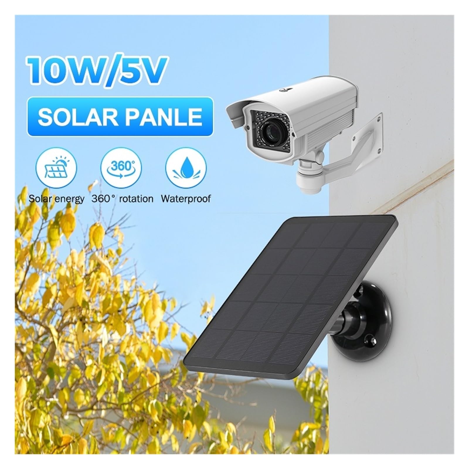 Panel słoneczny 10W ładowarka do ogniw słonecznych 5V Outdoor Hiking wodoodporny panel ładowania energii słonecznej rozszerzenie dzwonka do aparatu do domu(Black)