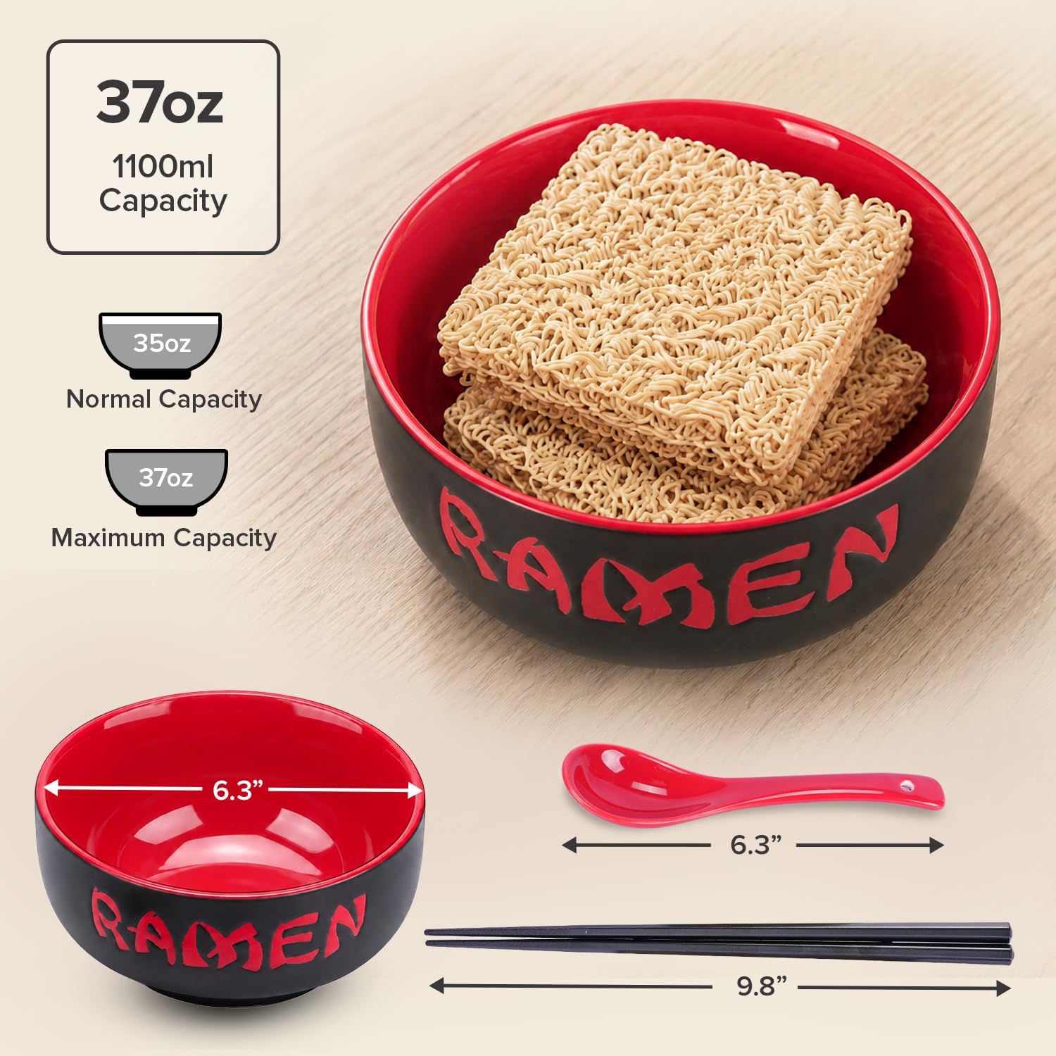 Ceramic Japanese Ramen Bowl Set of 2 with Chopsticks and Spoon, Red, 37 oz image 3