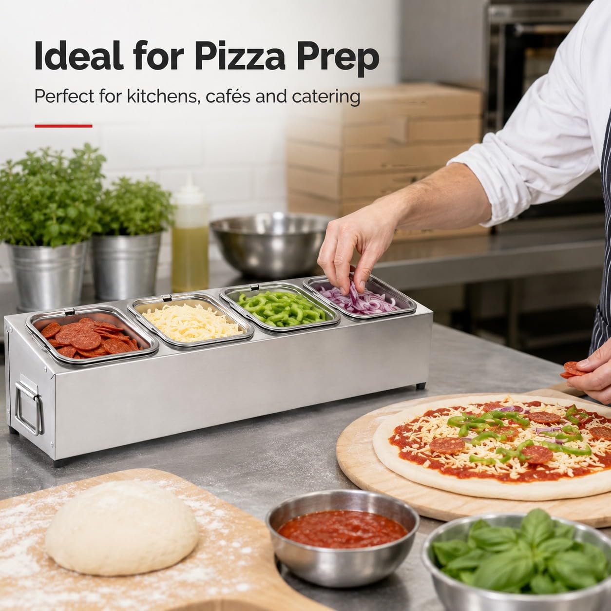 Porta Ingredienti Pizza in Acciaio Inox con Coperchio – Contenitore per Condimenti Refrigerato, Vaschette Gastronom Modulari 4 Scomparti, per Pizzeria e Preparazione Ingredienti