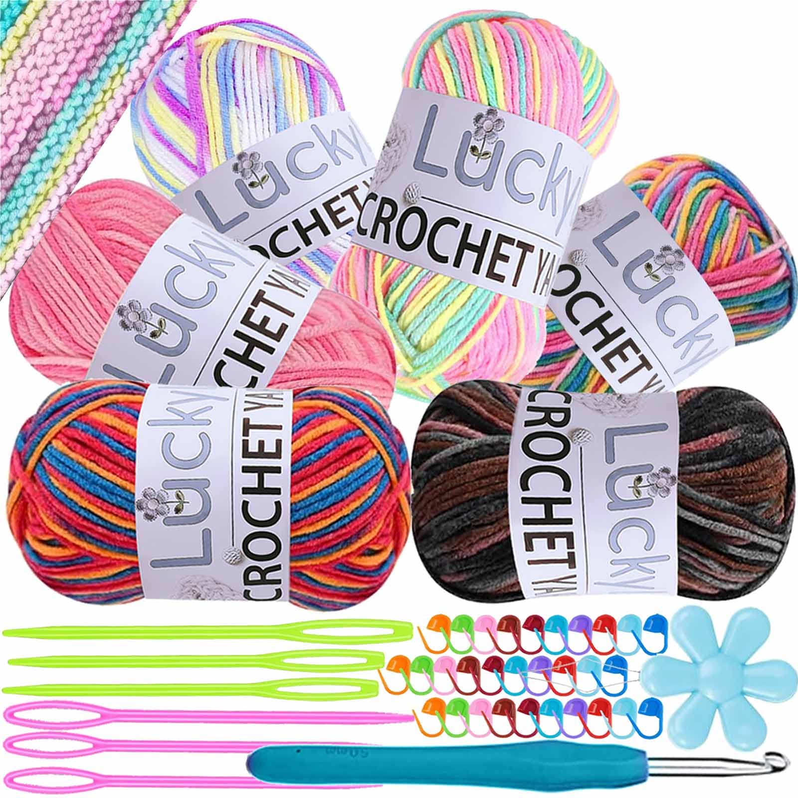 Crochet Yarn Double Knitting Wool (6X50g), Multicoloured Acrylic Yarn Crochet Wool with Aluminum Crochet Hooks Stitch Markers for DIY Craft Blankets Socks Dolls (01 Multi-Color)