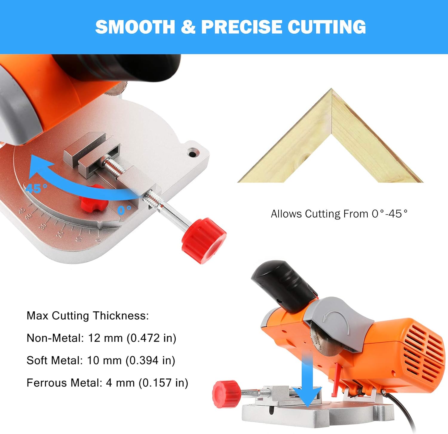 New Deal Mini Miter Saw Electric Power Table Saw Benchtop Cut-Off Chop Saw Max 45 Degree Cutting for Metal Wood Working Crafts Miniatures Plastic Compound Cutter, Orange