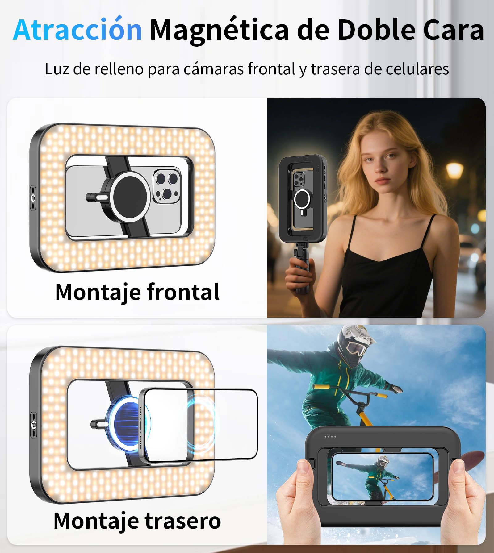 TONEOF Luz Selfie Portátil Recargable,Versión Magnética RGB con MiniTrípode | Luz magnética RGB multifunción, compatible con Magsafe, apta para vídeo, fotos y grabación con teléfonos móviles