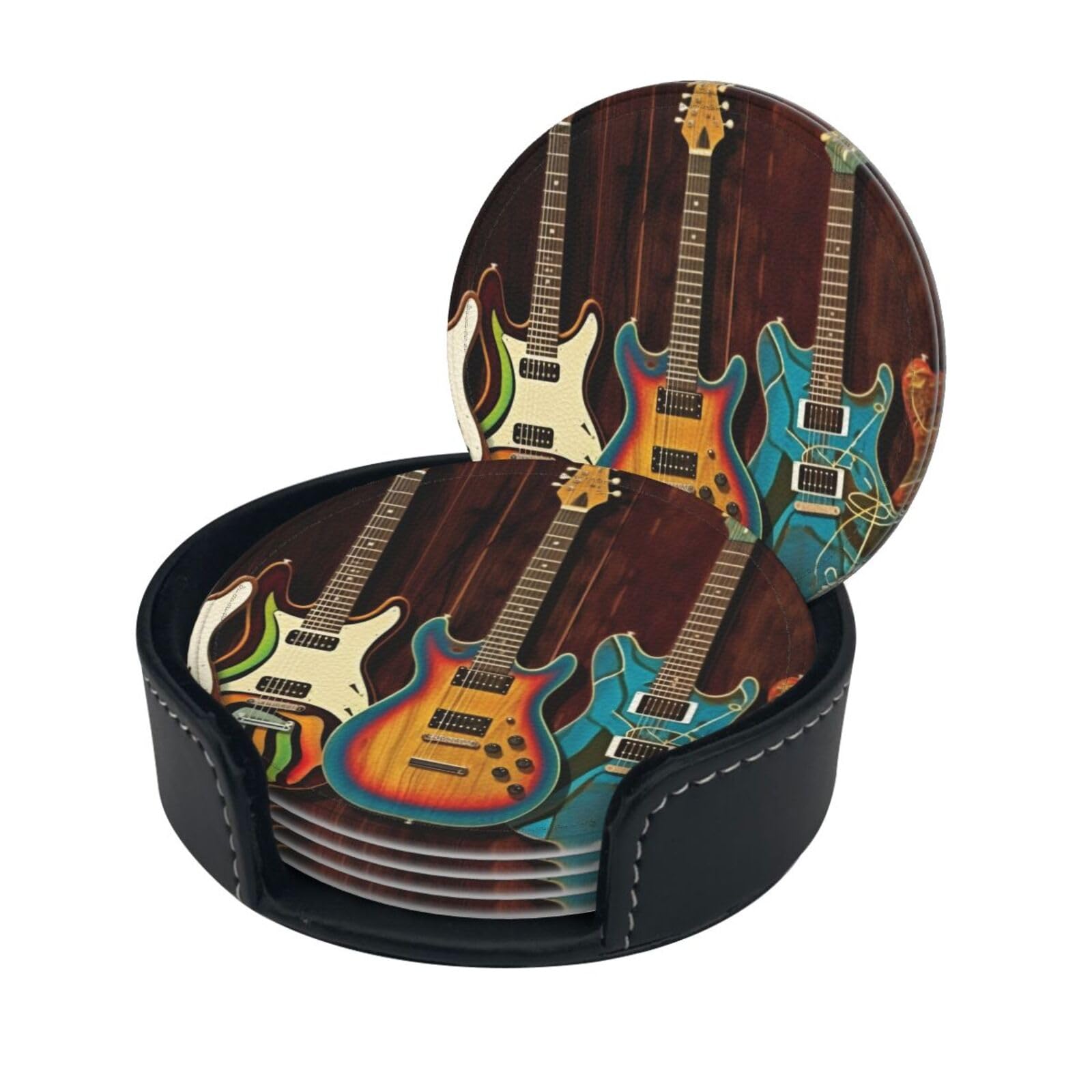 Smazdfxx Women's As Pic Stylish Coasters - Guitars Art Set Of 6 Round Leather Drink Coasters With Holder - Perfect Size For Cups And Glasses