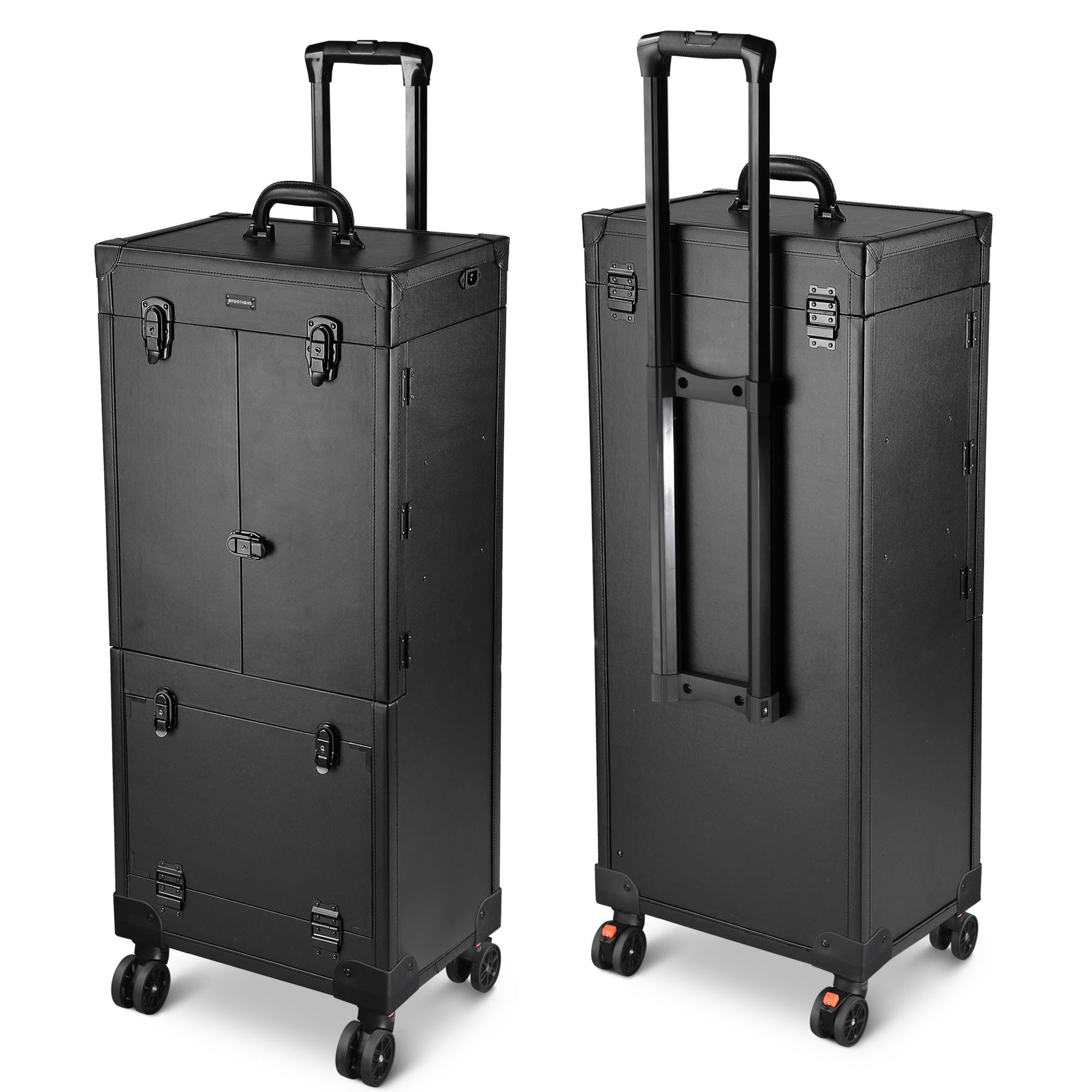 BYOOTIQUE Black Rolling Makeup Case Trolley Lockable with Mirror Light Pro Large Cosmetic for Artists Hair Stylist Barber Organized