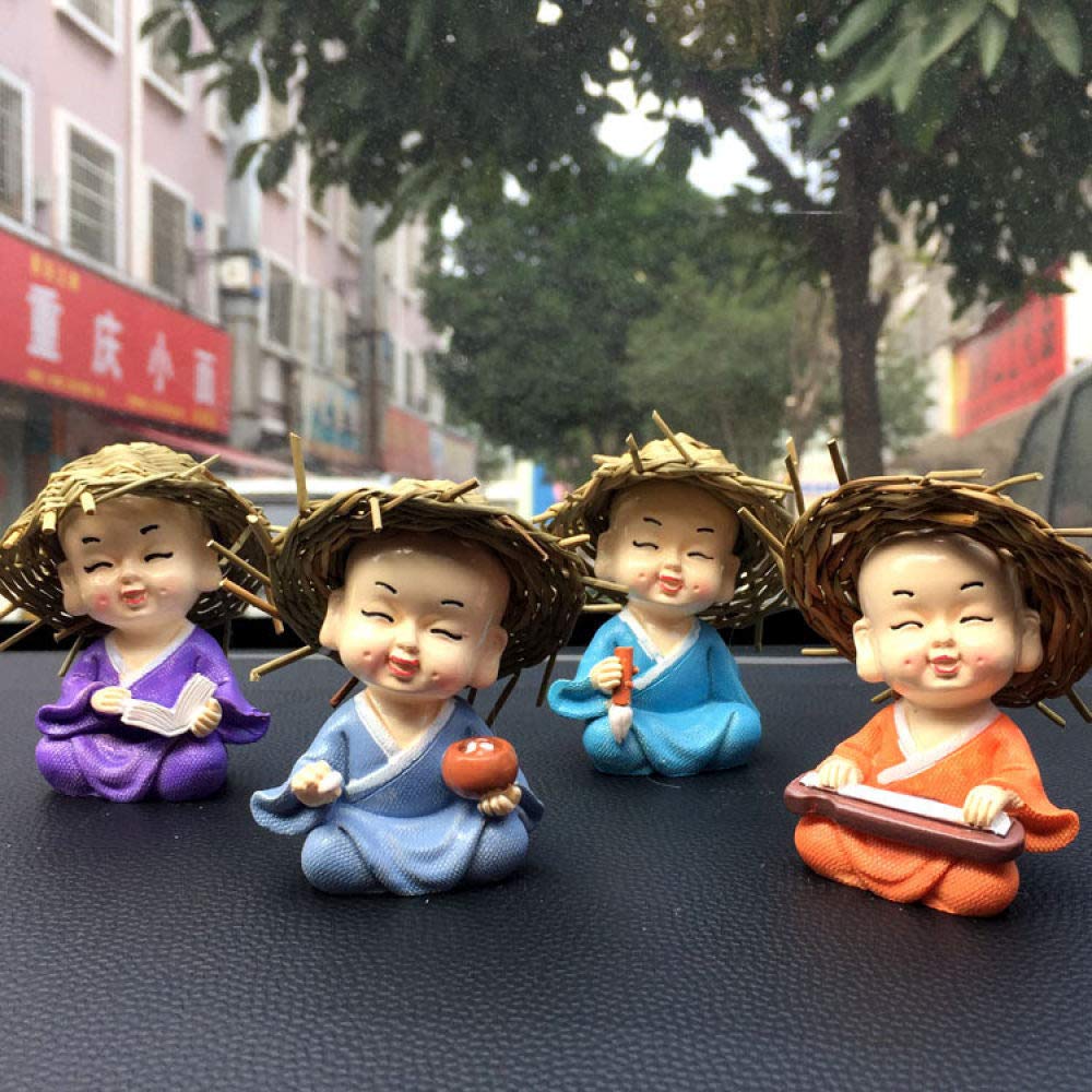 Statue Bouddha en résine artisanale : set de 4 moines de collection avec chapeau de paille
