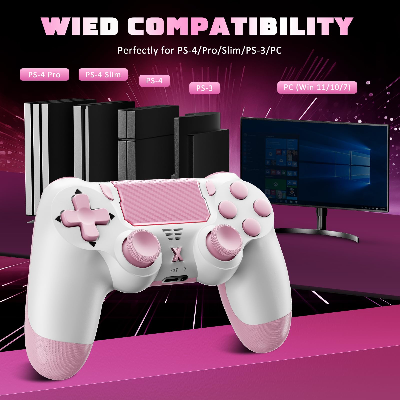 Glitfix Controller per PS4, Wireless Controller di Gioco compatibile con PS4/Pro/Slim/PC Joystick con Turbo/Tasto Indietro/Doppia Vibrazione/Sensore Giroscopico assiale/Touchpanel