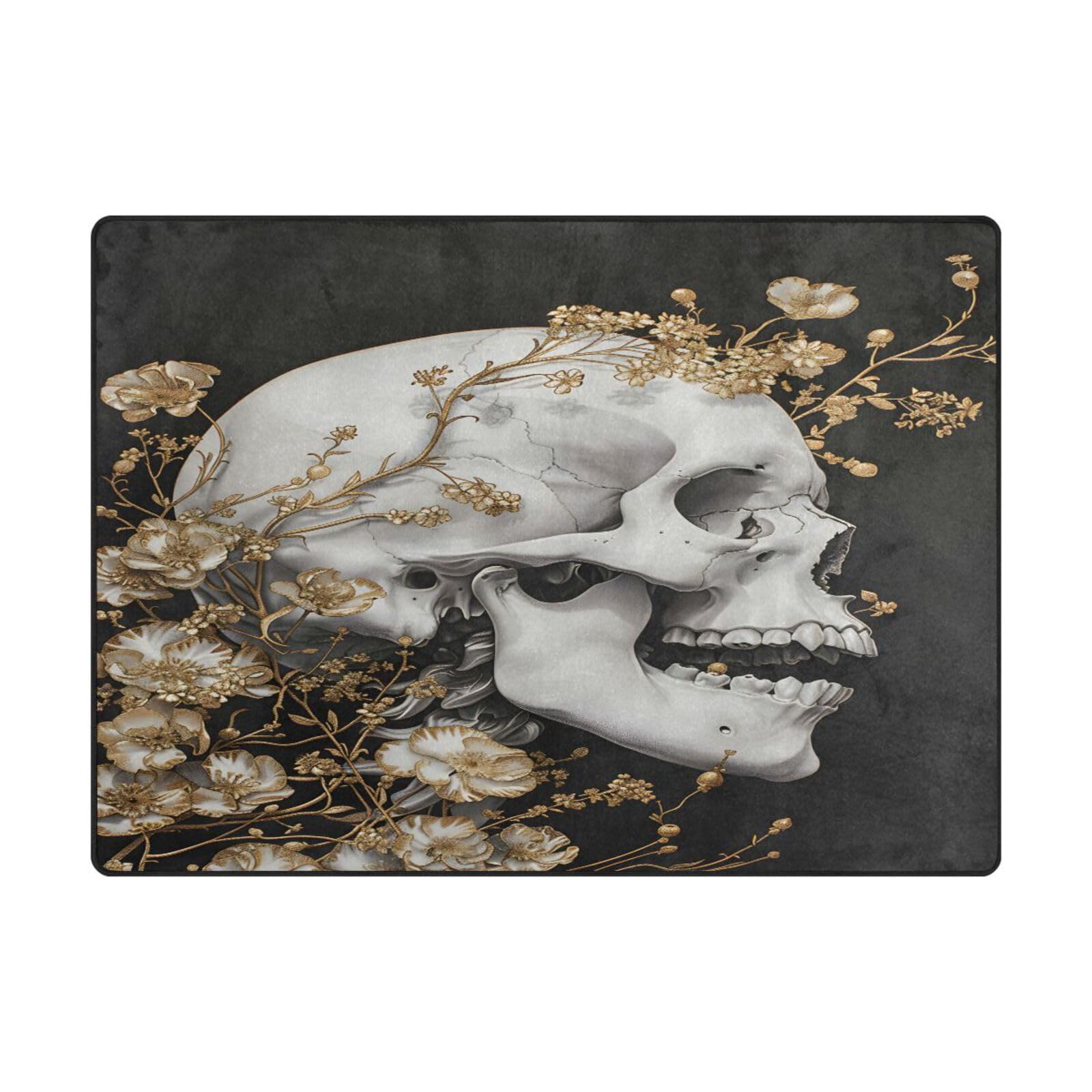 Tapis doux salon motif tête de mort et fleurs dorées chic