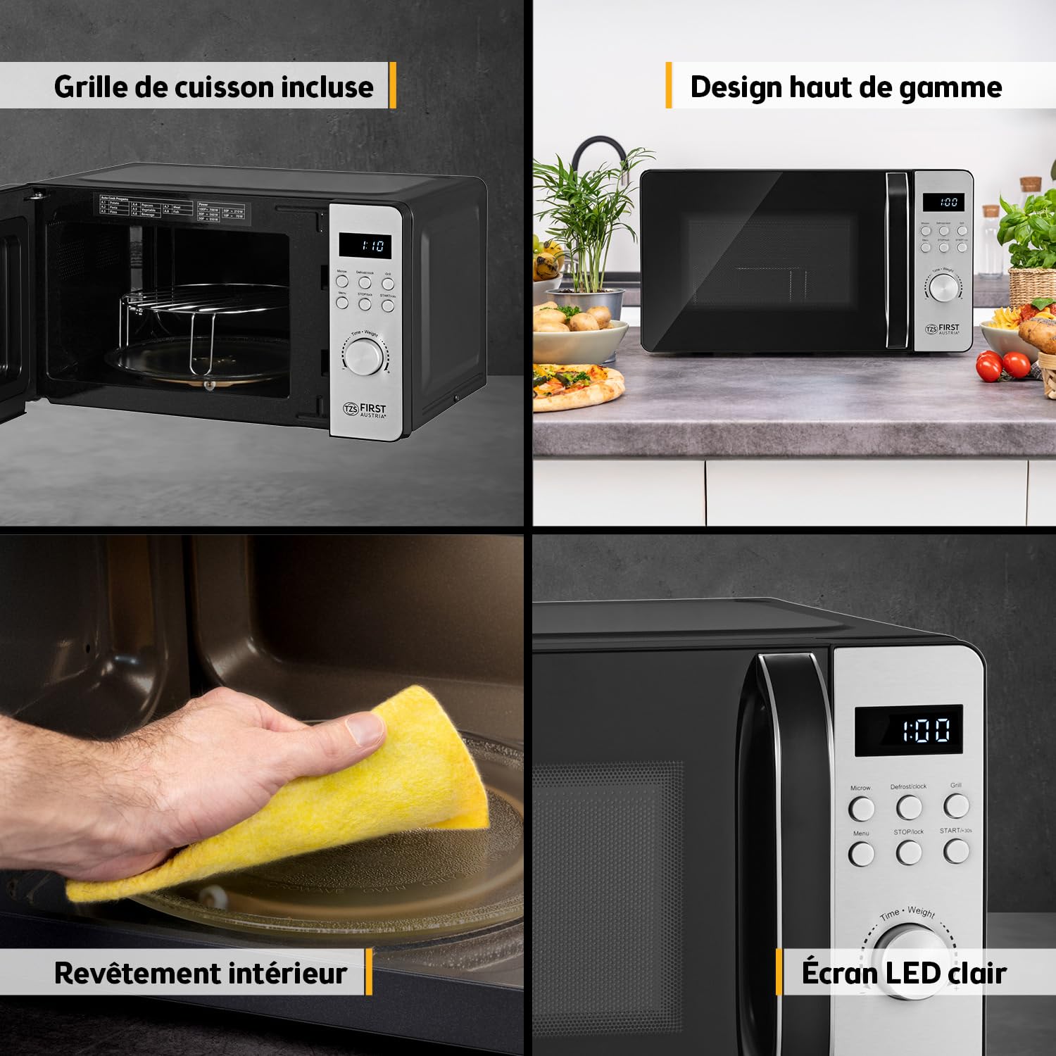 TZS First Austria micro-ondes digital avec grill, 20L, 700W micro-ondes, 800W grill, 8 programmes automatiques, démarrage rapide, écran LED, compact, antidérapant, inox, décongélation, gratinage