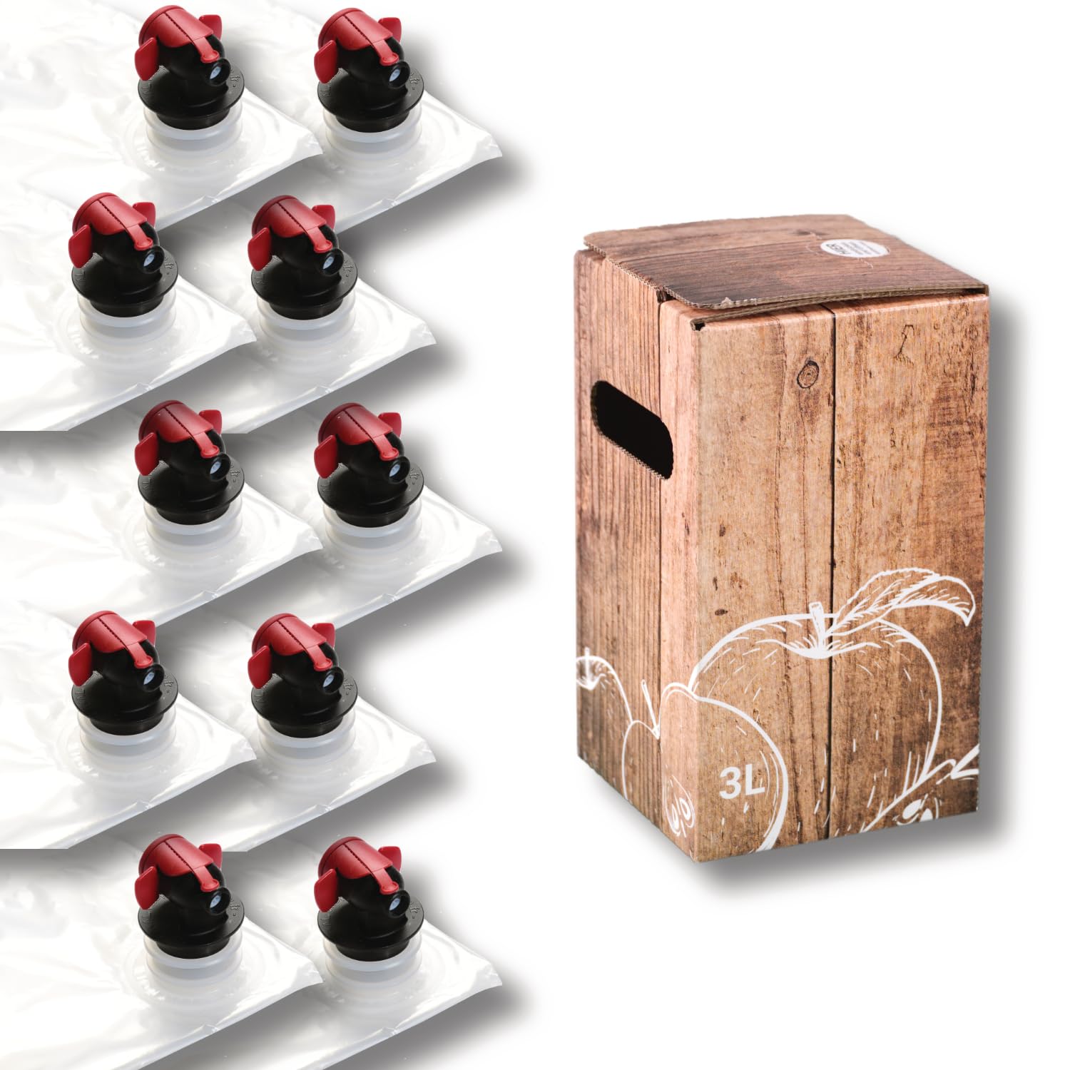 AGRI plus Bag-in-Box-Beutel mit Karton I 3 Liter I 50 Stück I Hochwertiges Saftbeutel-Set mit Holzkiste-Apfel-Motiv I Bis zu 40 x wiederverwendbar I Standboden-Beutel für Apfelsaft, Saft & Wein