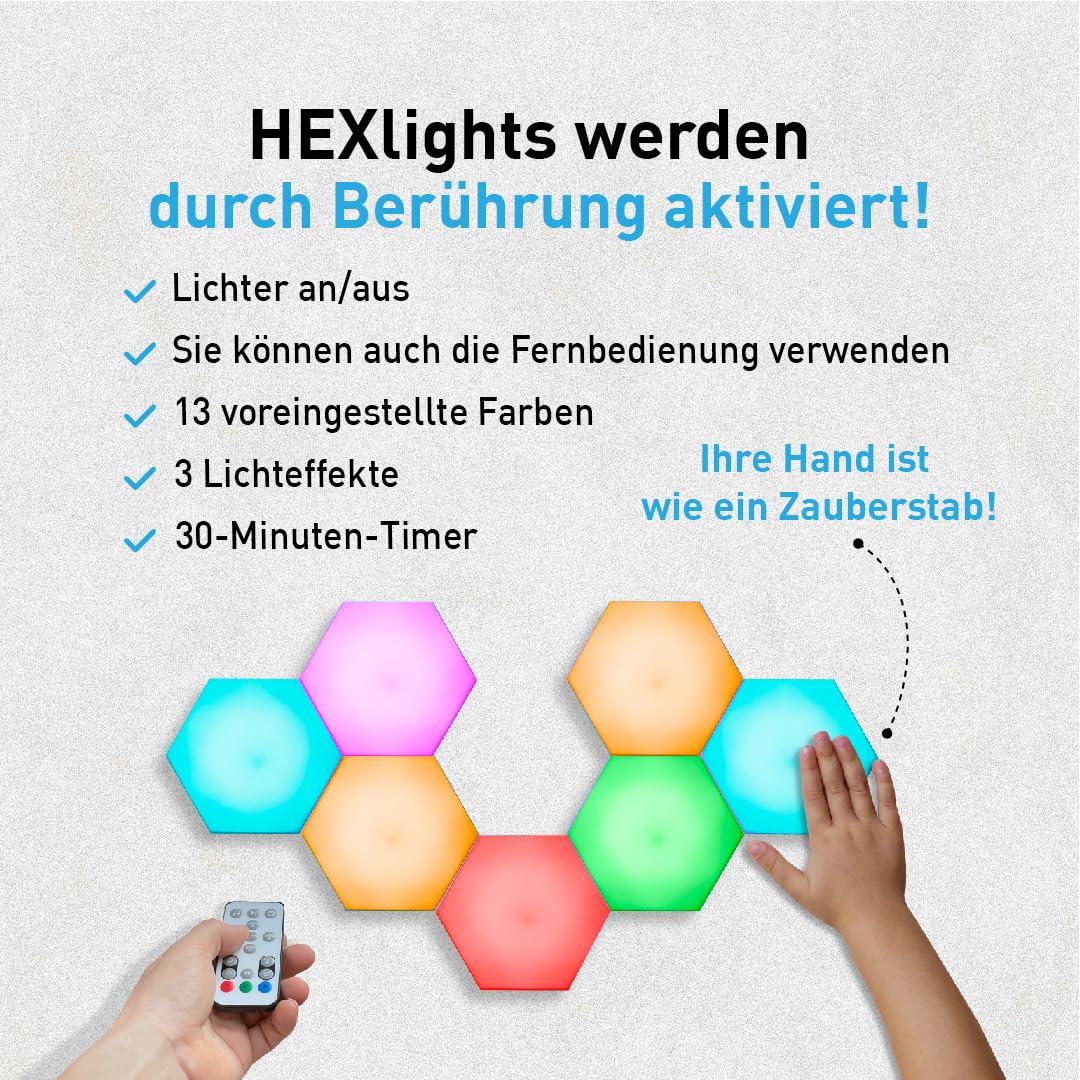 Emberela HEXlights 7er-Pack Hexagon Lichter - LED Lichtpaneele für Wand oder Tisch - Berührungs- & Fernbedienungsgesteuert - Dekor für Gaming Zimmer - Sehr geeignet für Kinder mit Autismus