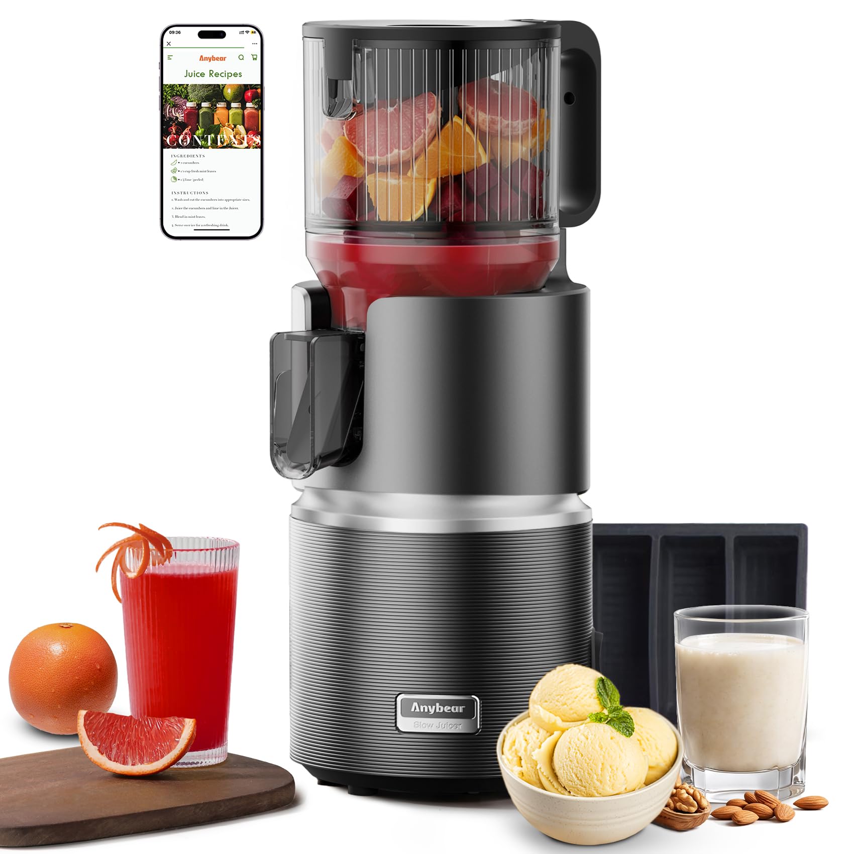 Anybear 350W Cold Press Juicer, Makes Juice& Sorbet& Nut Milk/Recipe