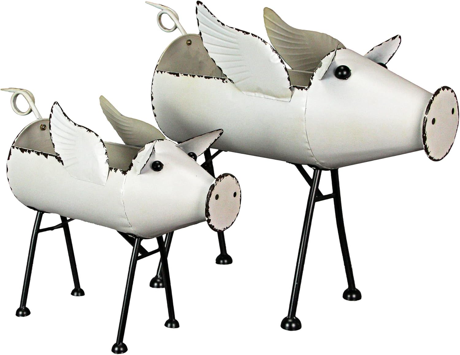 Zeckos Set of 2 Rustic White Finish Metal Flying Pig Standing Planters for Herbs and Flowers - Charming Indoor/Outdoor Décor - Whimsical Duo - 23.5 and 18.5 Inches Long