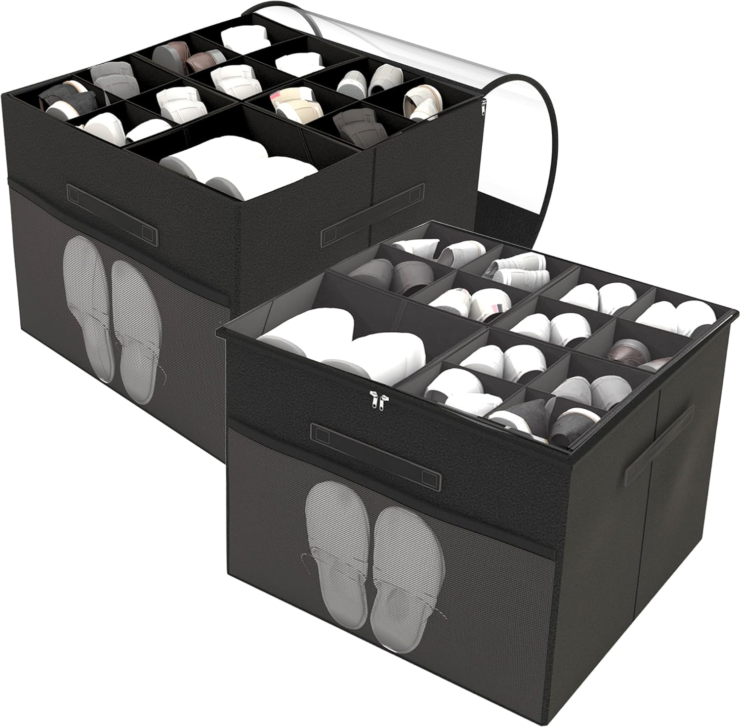 Shoe Organizer for Closet, 2-Pack Fabric Shoe Storage Box with Clear Lid & Adjustable Dividers, Holds 16-32 Pairs, Space Saving Shoe Storage Bins with Mesh Pockets, Black