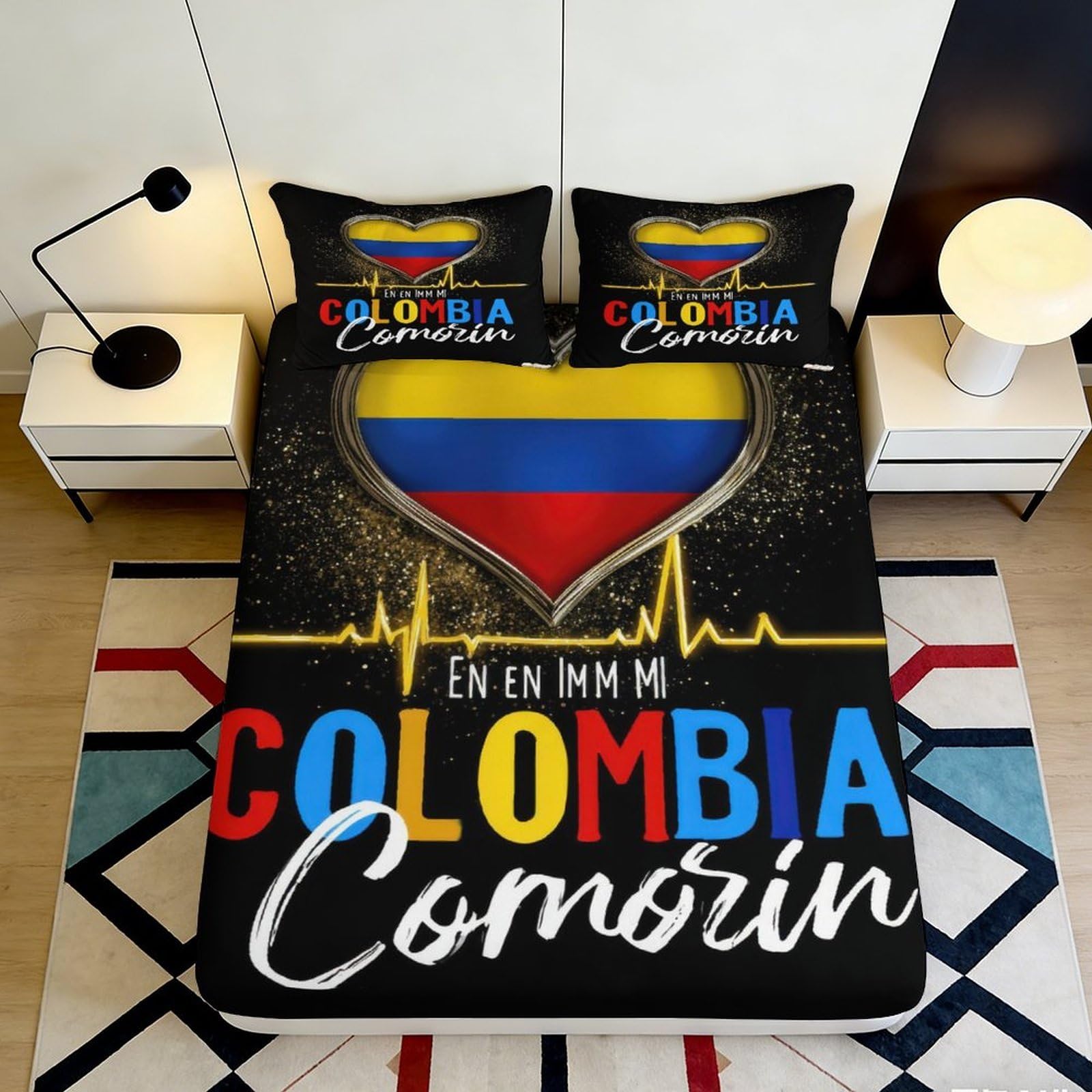 3D Printed Colombia Heart Fitted Sheet Microfiber Soft Breathable Colombia Flag Bed Cover for Bedroom Dormitory Guest Room Mattress Protection 140x200x25cm