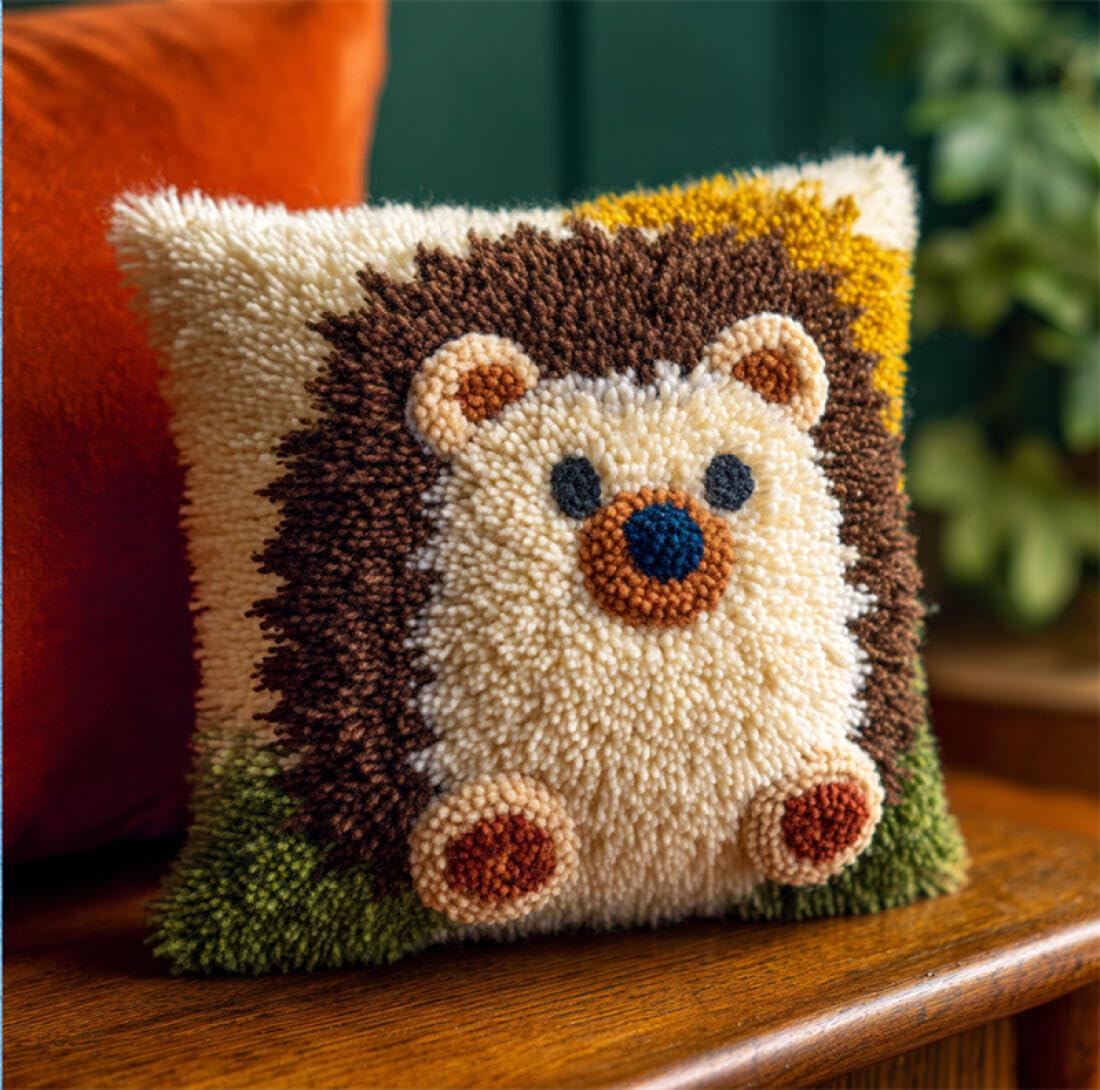 Kitquiver Animal Latch Hook Cushion Set Cartoon Hedgehog Crochet Needlework Crafts with Latch Hook Tool for Adults DIY Handmade Home Cushion Kits Decor 17x17In
