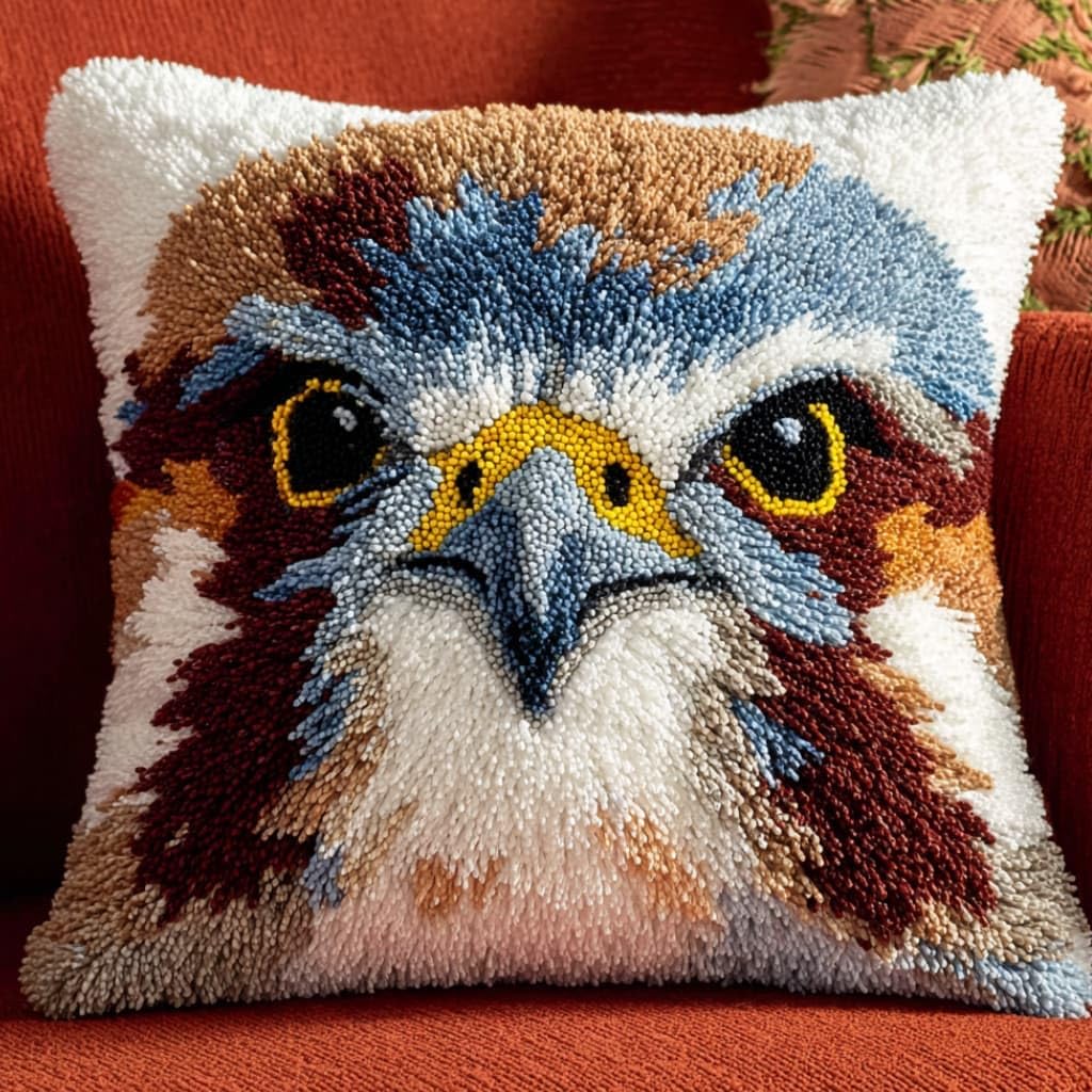 Taxpy Kit Pre-Printed Hook and Latch Rug Kits Falcon Latch Hook Cushion Kit for Adults Beginners Cross-Stitch Embroidery Cushion Cover for Home Sofa Decoration 17X17 Inch