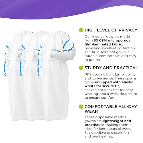 Miniatura 3 de AMZ Medical Supply Bata aislante desechable blanca, talla XS. Paquete de 1 bata de aislamiento médico desechable. Vestidos desechables médicos