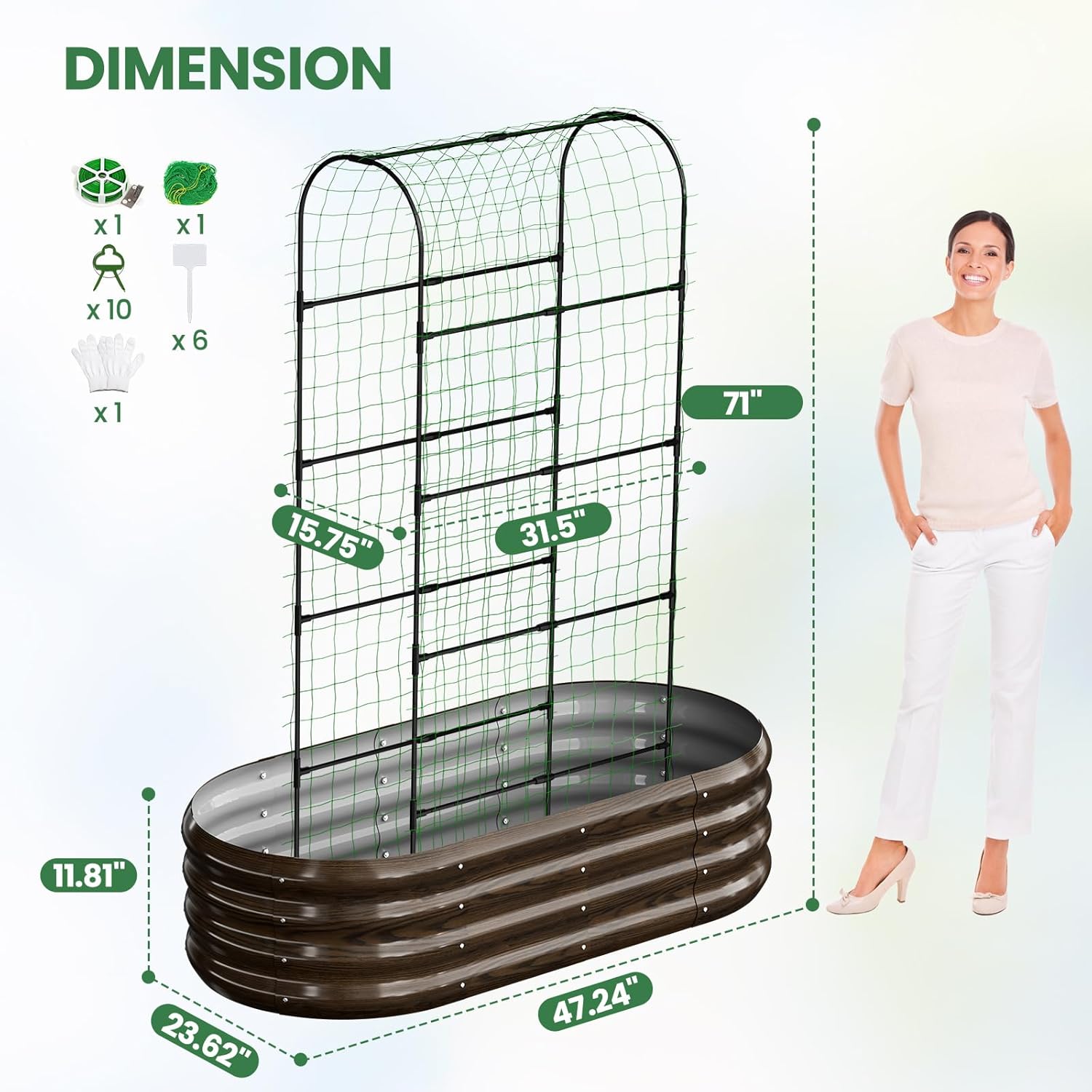 2 in 1 Galvanized Raised Garden Bed with 71" H Arch Trellis for Climbing Plants, Outdoor Gardening Planter Box with Climbing Net for Flowers Vegetables Fruits Herbs, Wood Grain